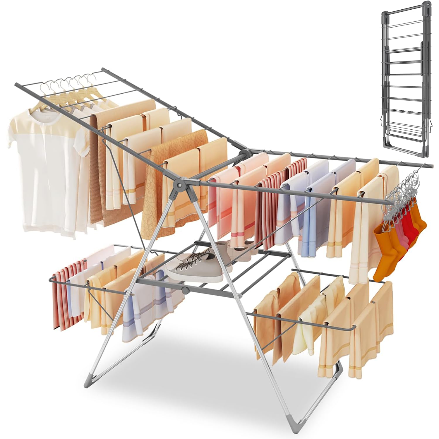 Innotic Winged Clothes Airer with 33 Rails, 141CM Foldable Clothes Drying Rack Indoor Outdoor, Stainless Steel Large Clothes Horse, 6 Height-Adjustable Laundry Dryer Stand