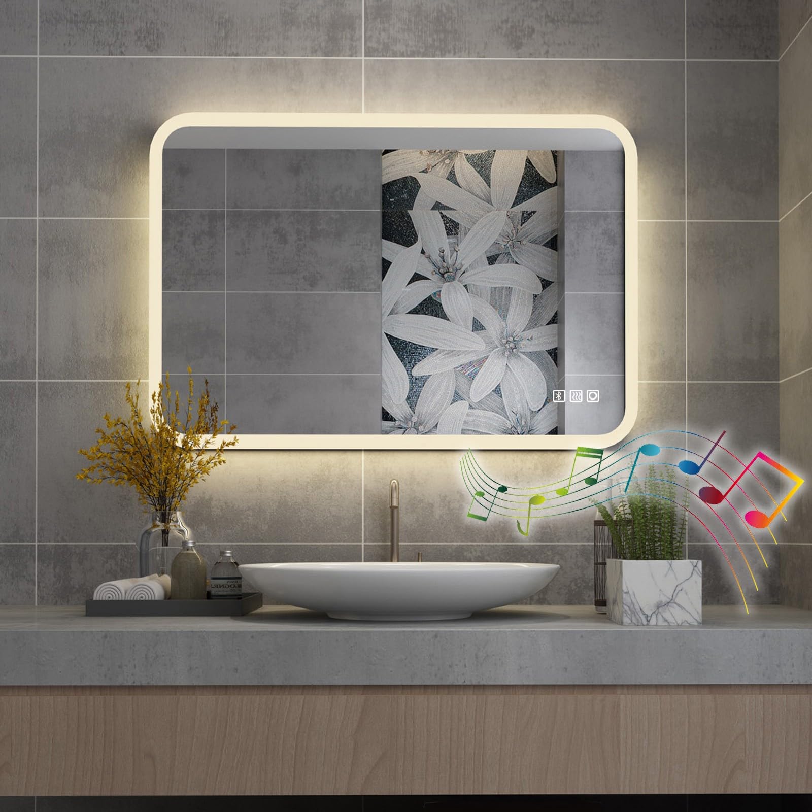 MIQU Espejo de baño con LED, 100 x 60 cm, gran espejo con luz, interruptor táctil, regulable, rectangular, espejo de pared con bluetooth + enchufe + enchufe + 3 colores claros
