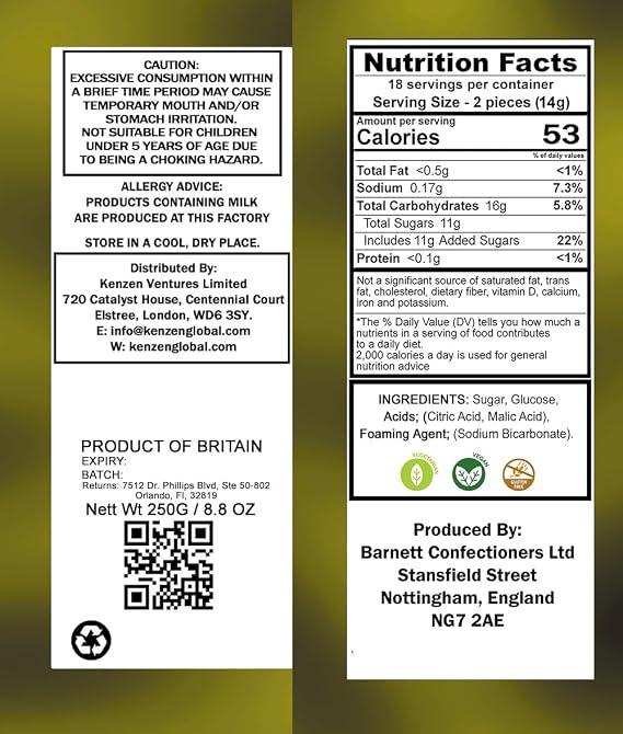 Barnetts - Mega Sour Candy Lemon 250g - Trendy Sweet Bags - Traditionally Handmade Sweets - Sour Coating Lasts 20 Seconds - Candies for Party Bag, Gift Hamper, or Hamper Box