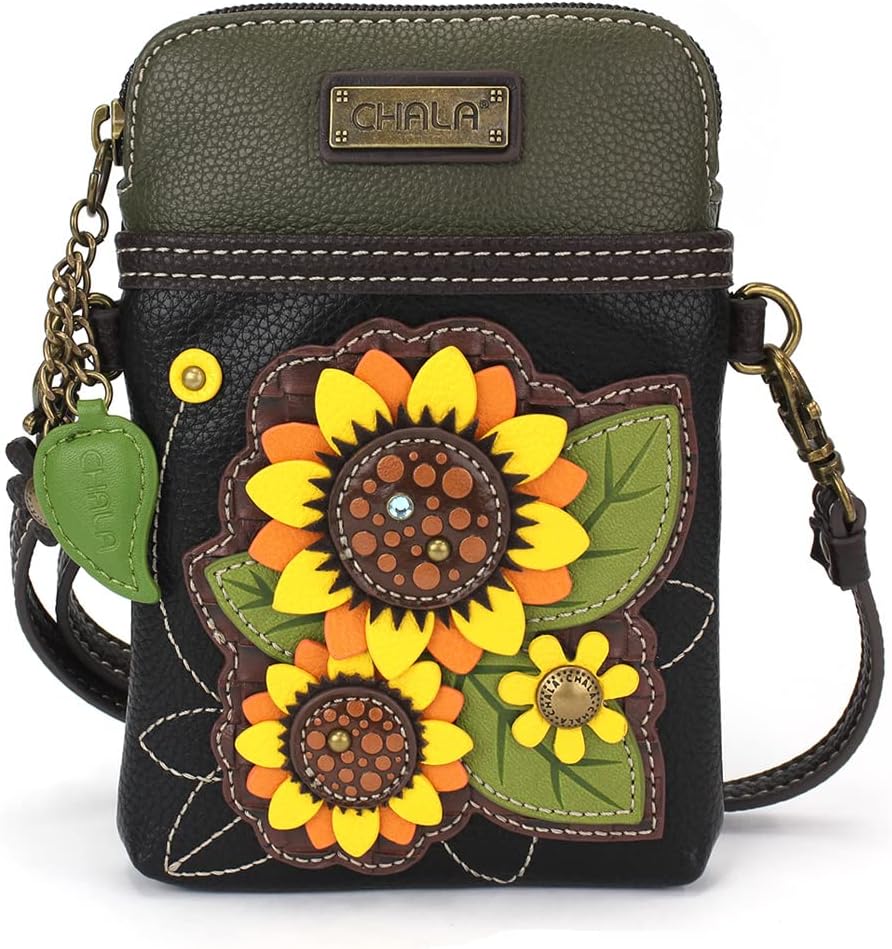 Plant Life Collection Cell Phone Crossbody Purse-Women PU Leather/Canvas Multicolor Handbag with Adjustable Strap