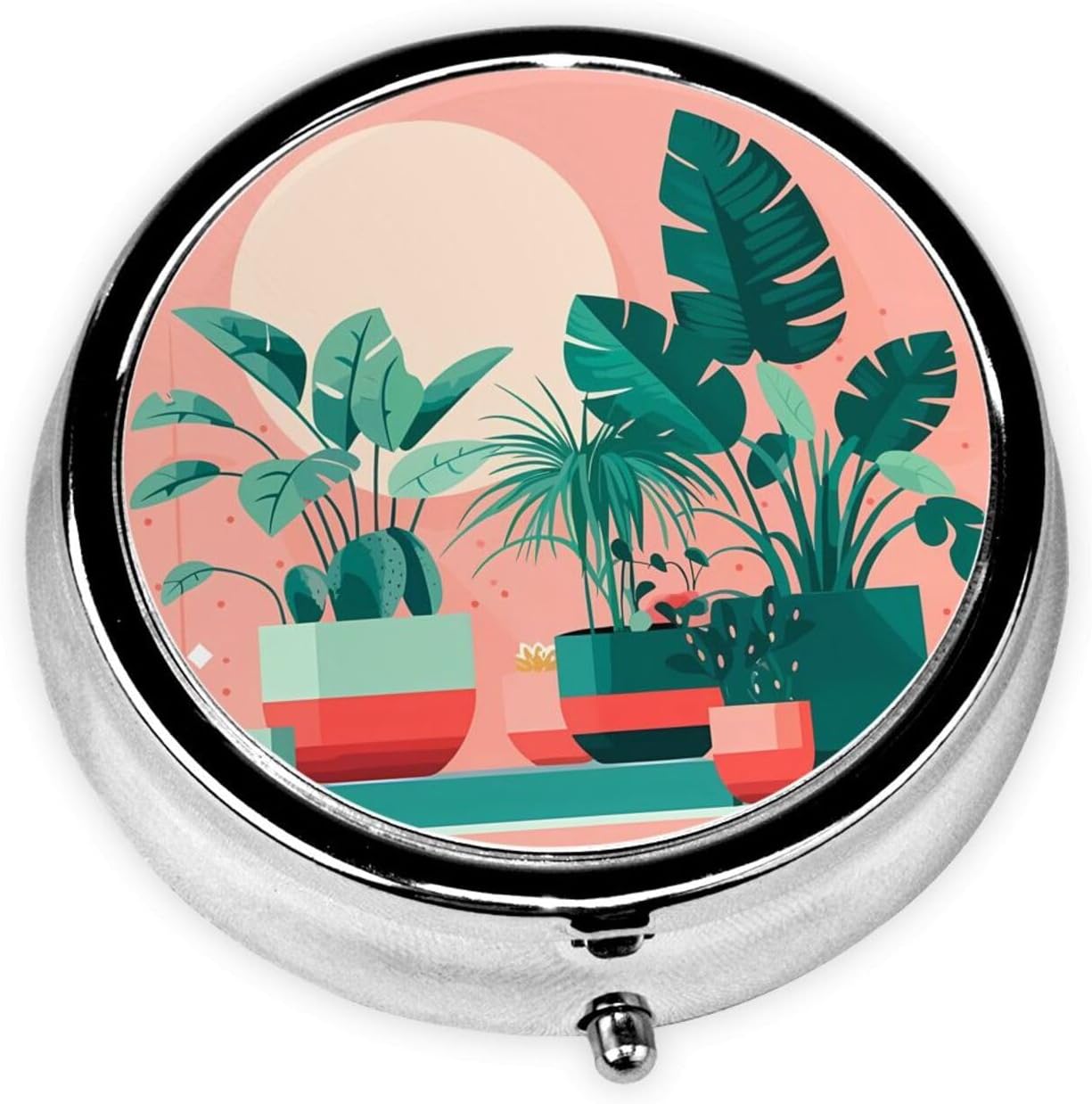 Beautiful Potted Green Plants Round Pill Box – Portable Medicine Storage Container for Vitamins, Supplements, Fish Oil, etc.