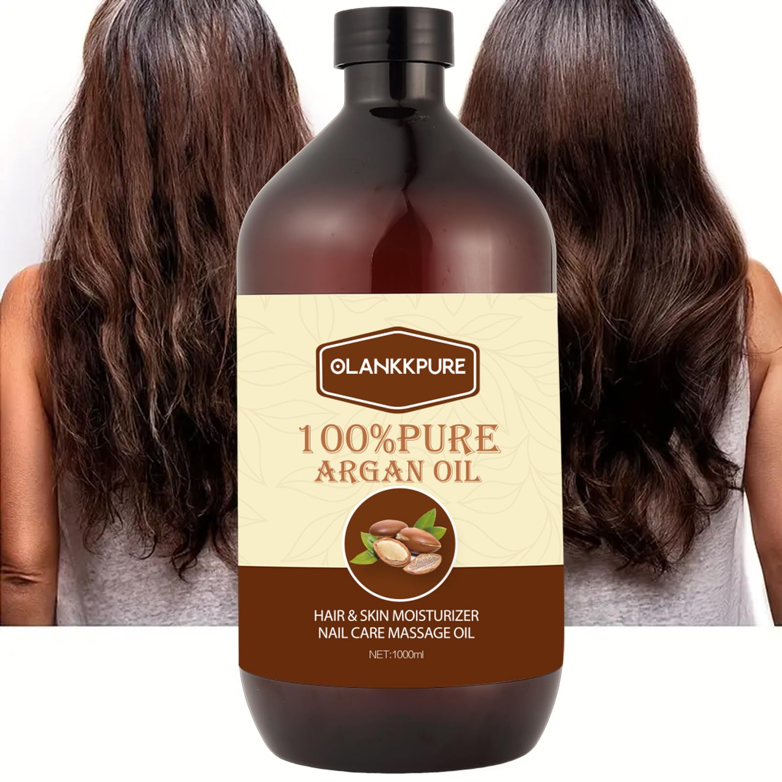 100% Reines Arganöl, Premium Ätherisches Öl für Haare, Haut, Nägel, Massage, Feuchtigkeitspflege, Mehrzweck Körperöl, 1000ml