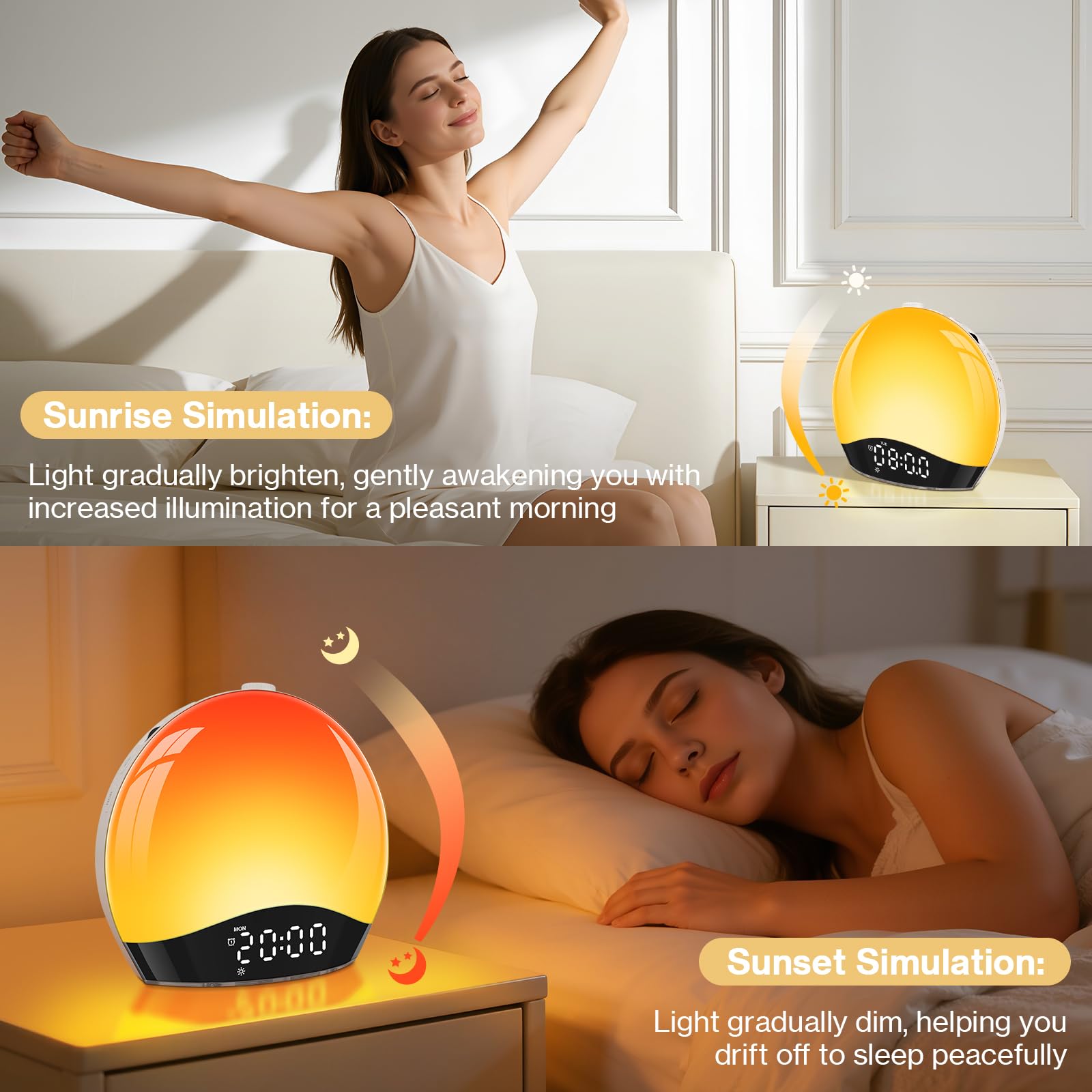 Eveil Lumière Simulateur D'aube Sur Lampe De Chevet LED, 2 Alarmes Avec Fonction Snooze, 17 Couleurs De Lumière, 22 Sons Naturels, 20 Niveaux De Luminosité, Éclairage D'ambiance, Lampe De Chevet