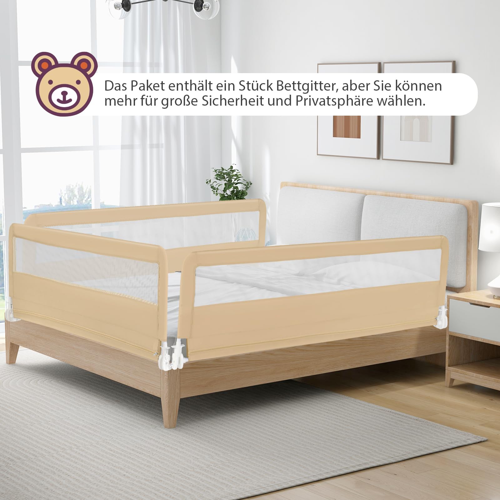 COSTWAY Bettgitter klappbar, 180 cm Lange Bettschutzgitter mit Sicherheitsgurten, Rausfallschutz 180° Faltbar Boxspringbett für Baby & Kleinkinder (Beige)
