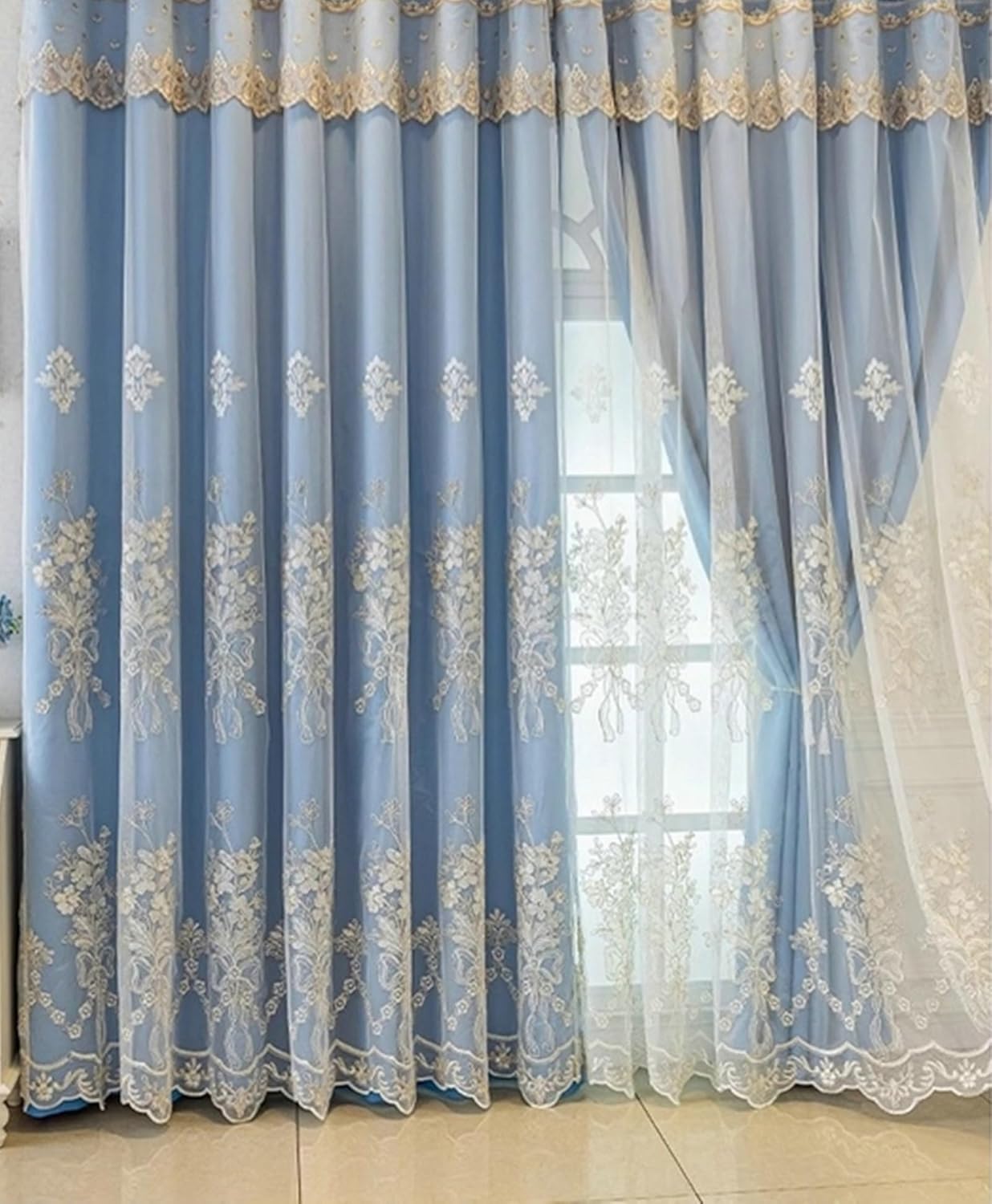 Blackout Curtain 2 Panels Set 108 inch Long, Thermal Blackout Curtains Hook Double Layer Solid Color Embroidered Flowers Bowknot Room Darkening Window Treatment Blue, 52 x 108 Inch