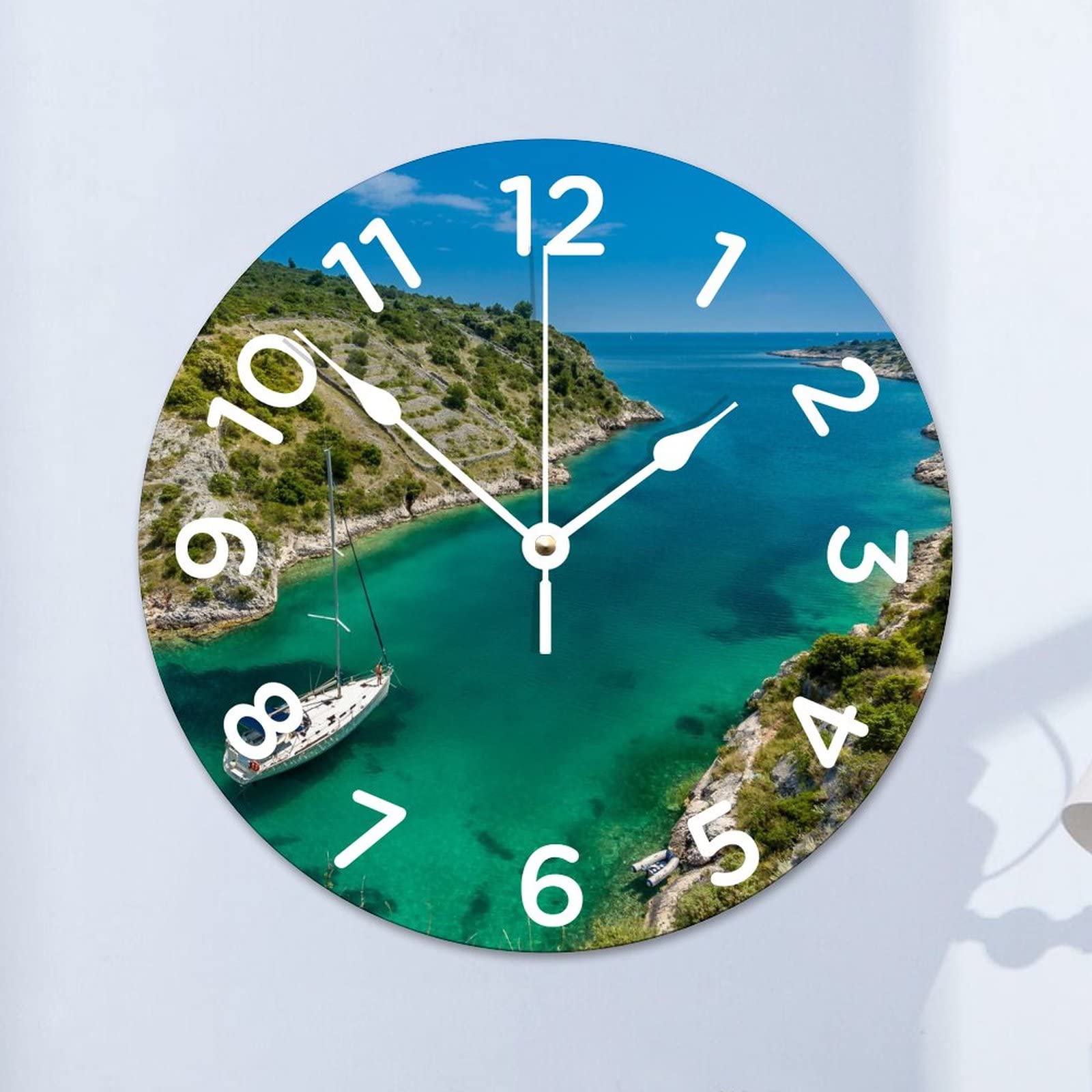 Horloge murale en bois bleu ronde de 38 cm pour salon et cuisine