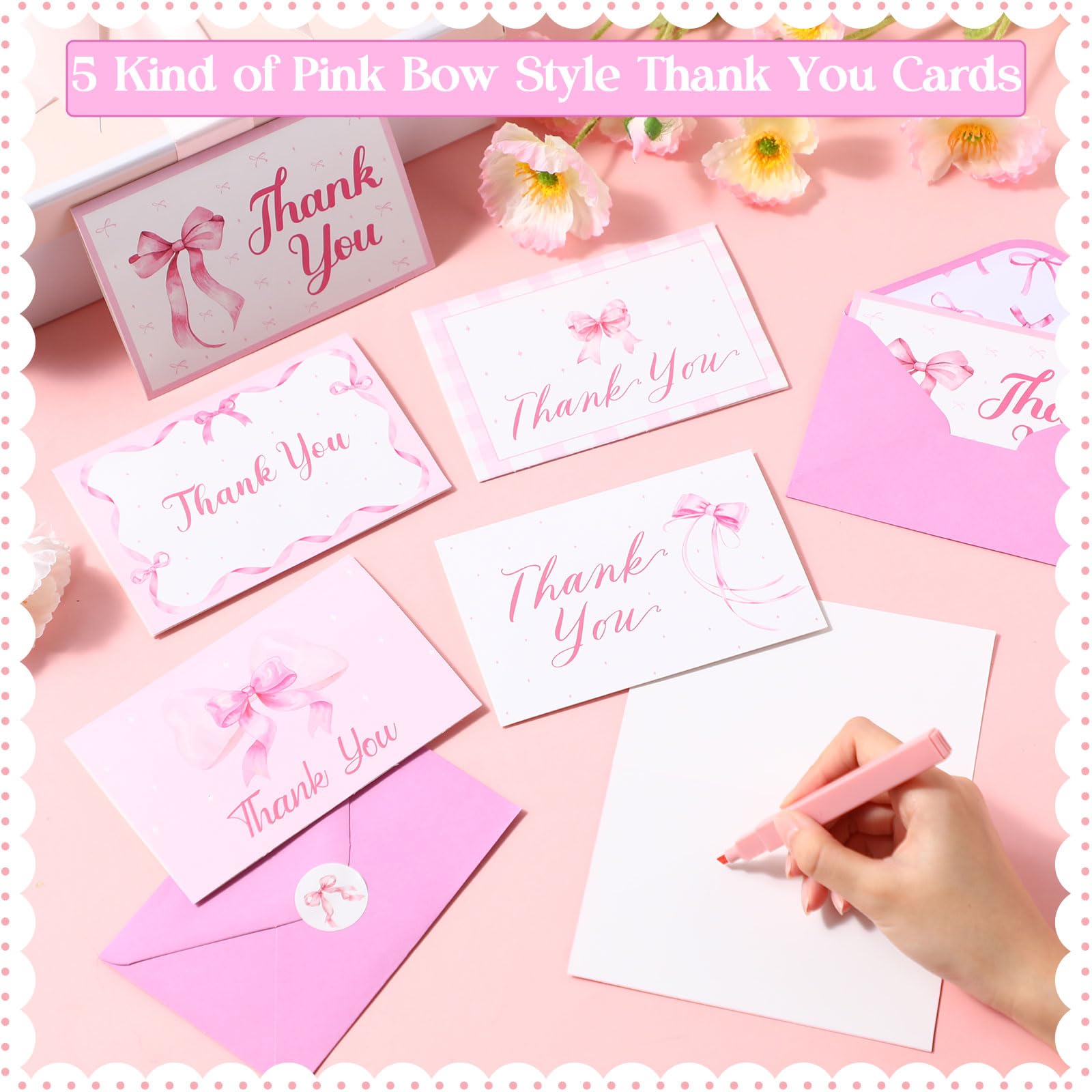 Motiskyy Lot de 100 cartes de remerciement avec nœud rose avec enveloppes et autocollants 10,2 x 15,2 cm - Cartes de vœux vierges pour fête prénatale, mariage, fête d'anniversaire