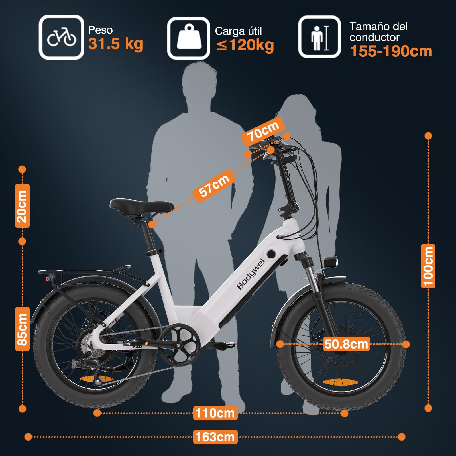Bodywel F20 Bicicletas Eléctricas Adultos, 20x3” e-Bike Todo Terreno, Batería 48V 15Ah, Motor 250W, 7 Velocidades, Suspensión Ajustable, Frenos de Disco Doble- Plegable