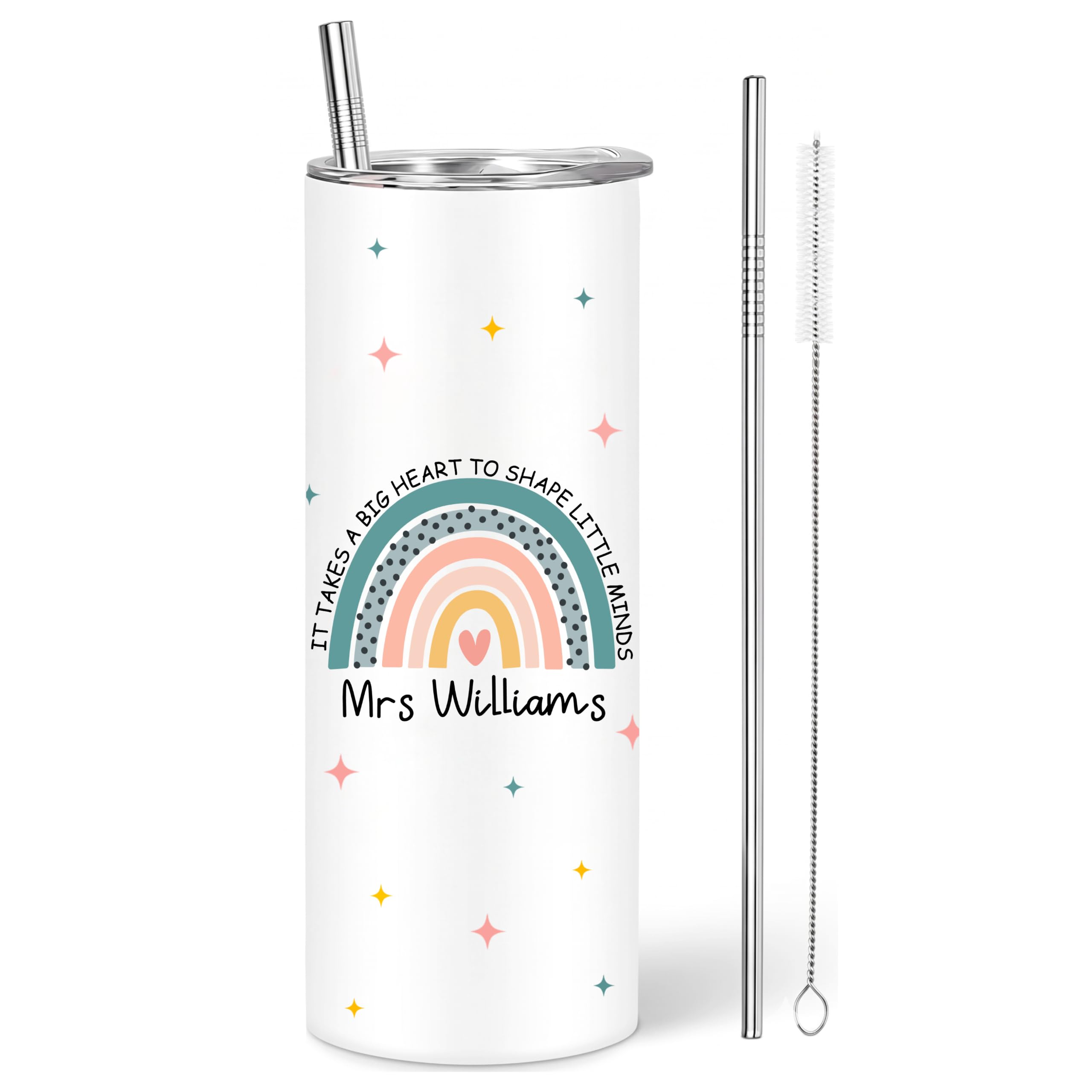 EKAM Personalised Teacher Gift 20oz Stainless Steel Tumbler with Straw & Lid – Custom Name Teacher Appreciation Travel Mug, It Takes a Big Heart to Shape Little Minds Cup, End of School Year Gift