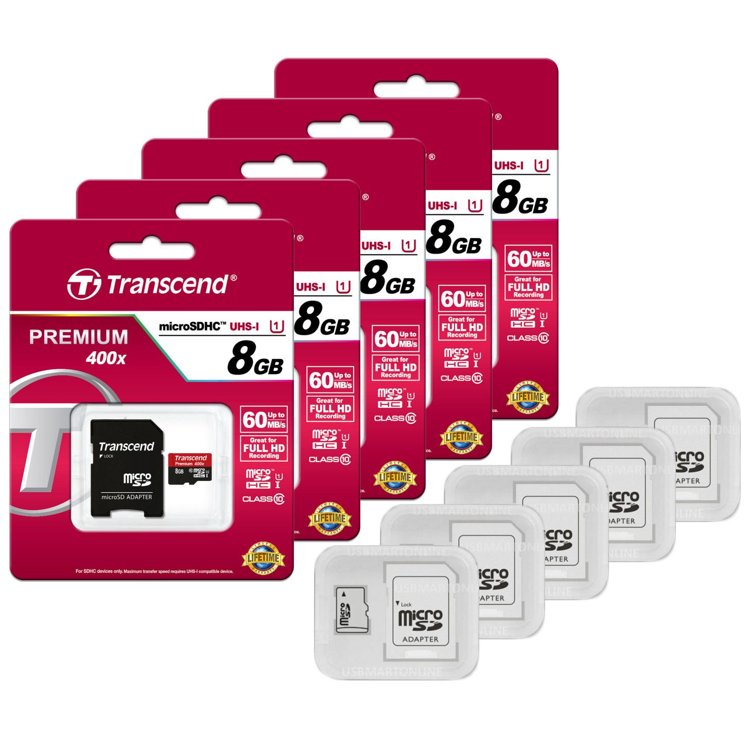 Transcend Lot de 5 cartes mémoire flash microSDHC 8 Go 60 Mo/s 400 x UHS-I Classe 10 avec adaptateur TS8GUSDU1