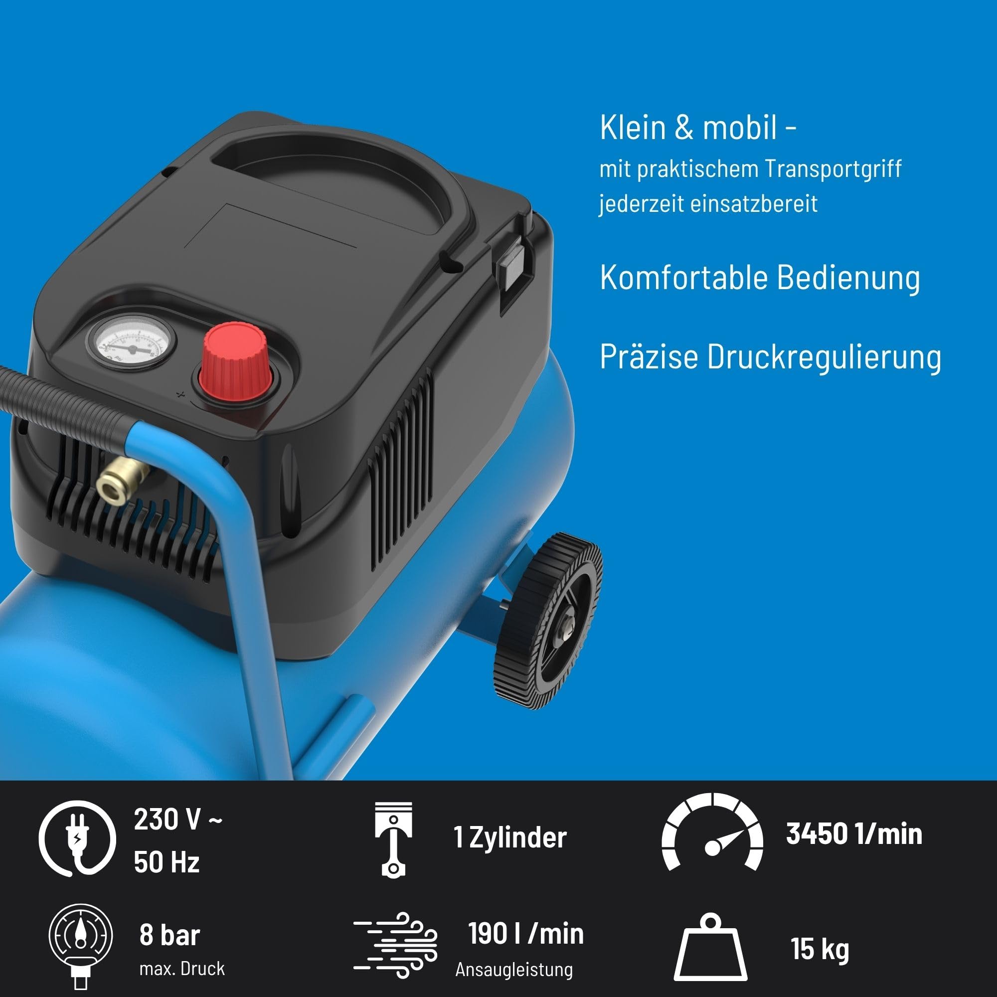 Güde Compressor 190/08/24 olievrij (max. druk 8 bar, ketel 24 l, 1200 W, aanzuigvermogen 190 l/min, drukregelaar, manometer, condensaatafvoerschroef, persluchtkoppeling, mobiel met transportgreep