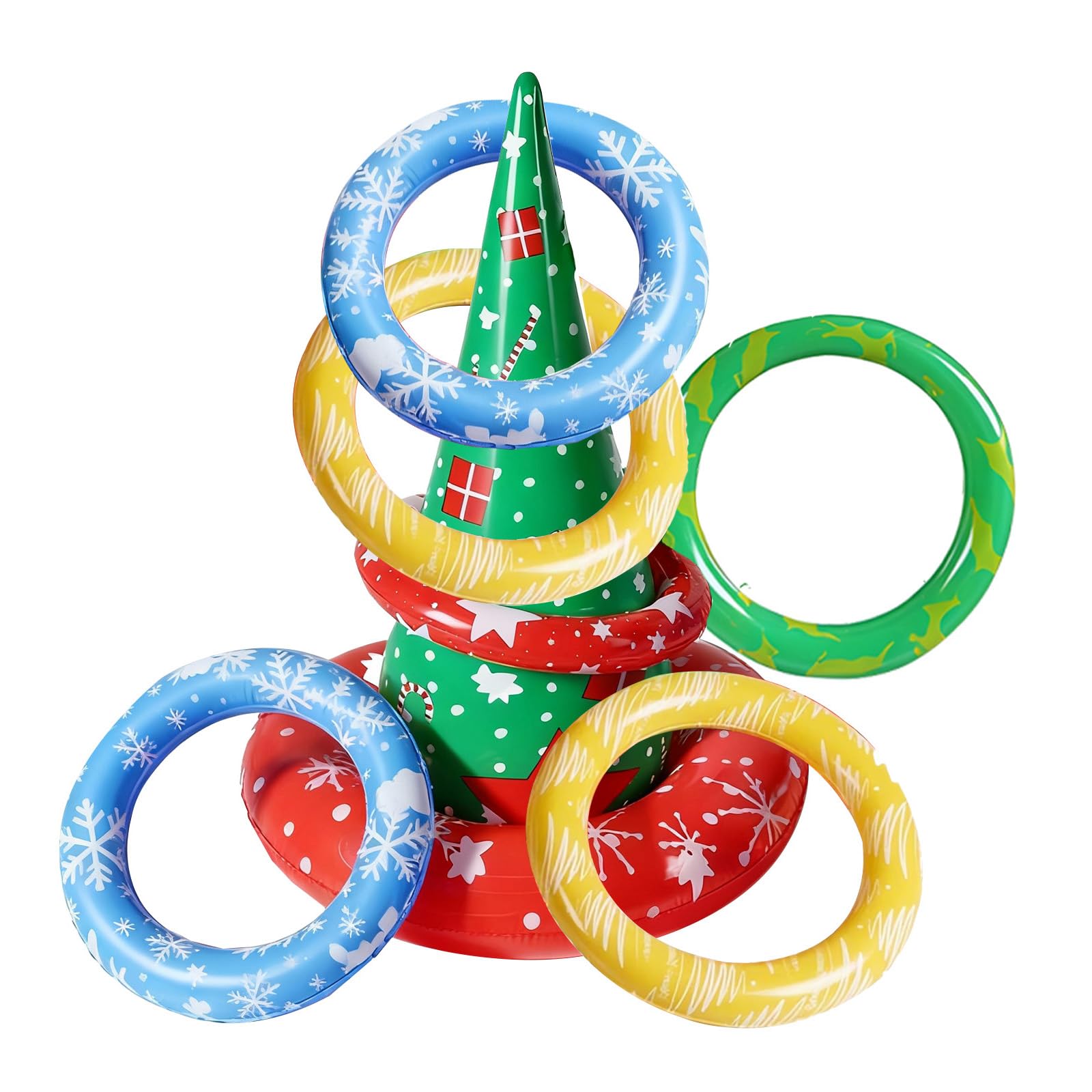 Christmas Party Ring Toss Game Set, Christmas Inflatable Snowflake Hat with 6 Rings, Xmas Toss Game Props