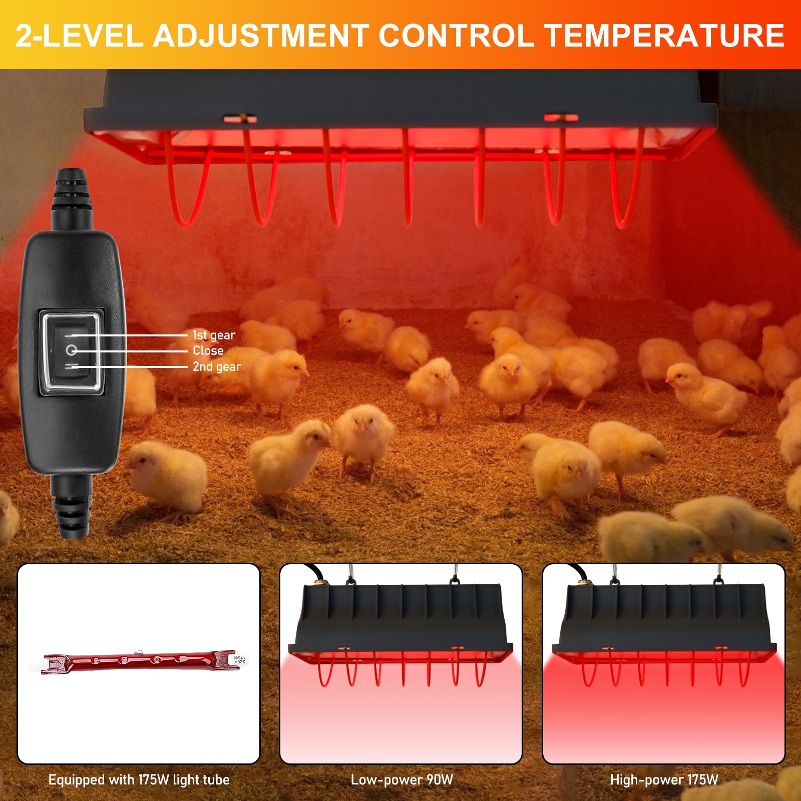 Lámpara de calor de 1,8 metros, emisor de calor, lámpara infrarroja de luz roja con interruptor, lámpara de calor para animales, lámpara de calefacción para gallineros, para pollitos etc. (175 vatios)
