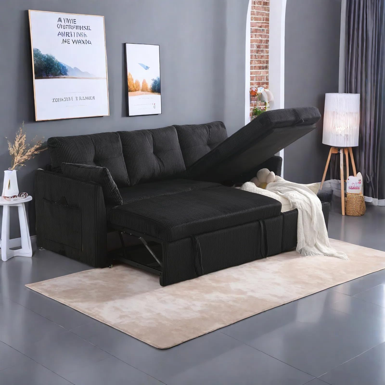 Canapé 3 Places Angle Convertible - Velours Gris Clair Avec Rangement - Modulaire Pour Salon Moderne