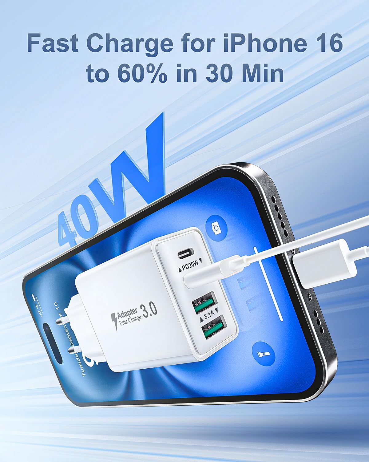 Caricatore USB C Presa, Multiplo 40W 4-Porto USBC Caricabatterie Rapido Spina Alimentatore per iPhone 17 16 15 14 13 12 Pro Max,Samsung, iPad, Multipla Spinotto QC & PD Adattatore Carica Cellulare