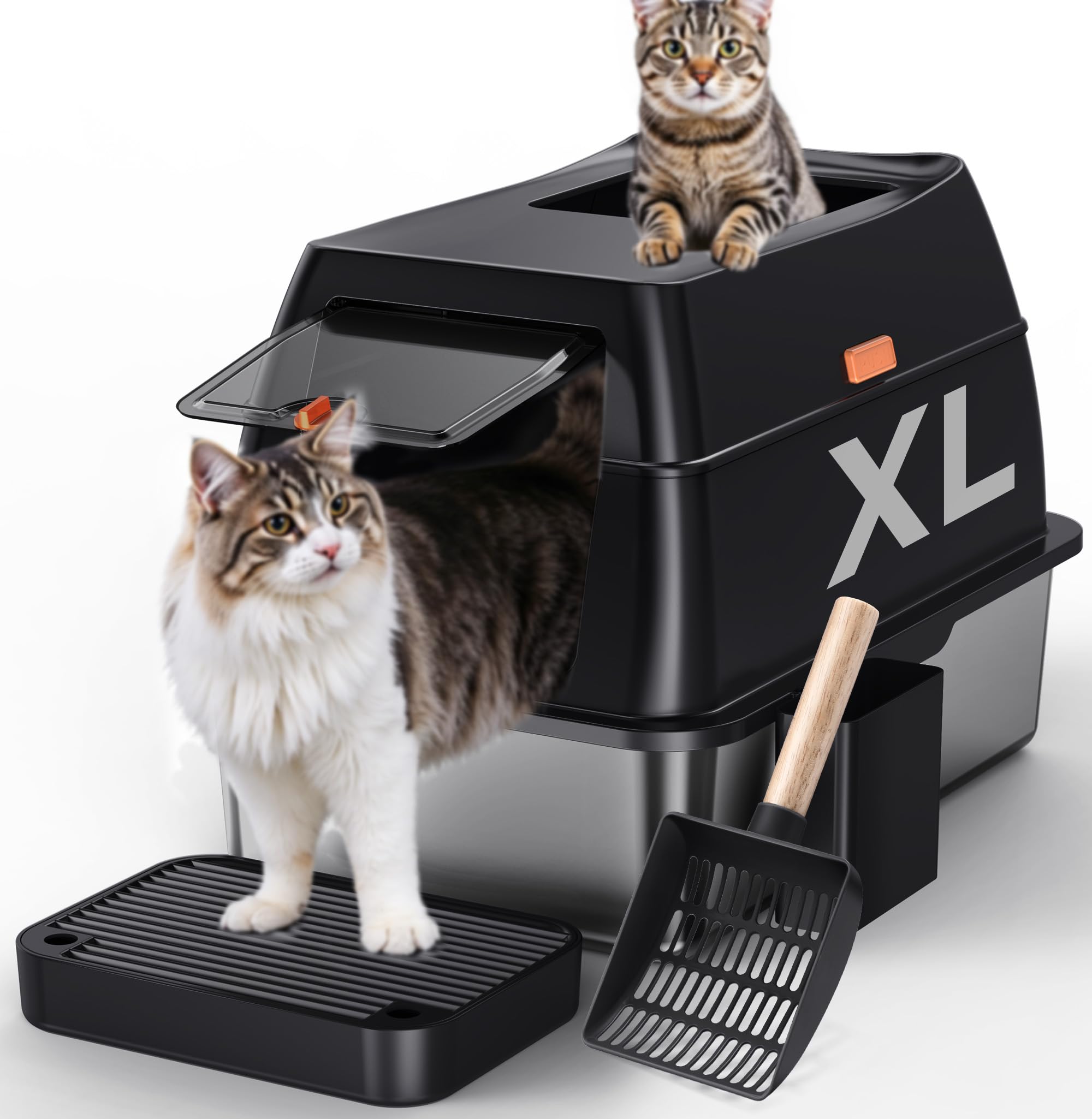 Gimars Lettiera in acciaio inossidabile con coperchio, lettiera rimovibile con recinzione a lati alti e paletta, nera