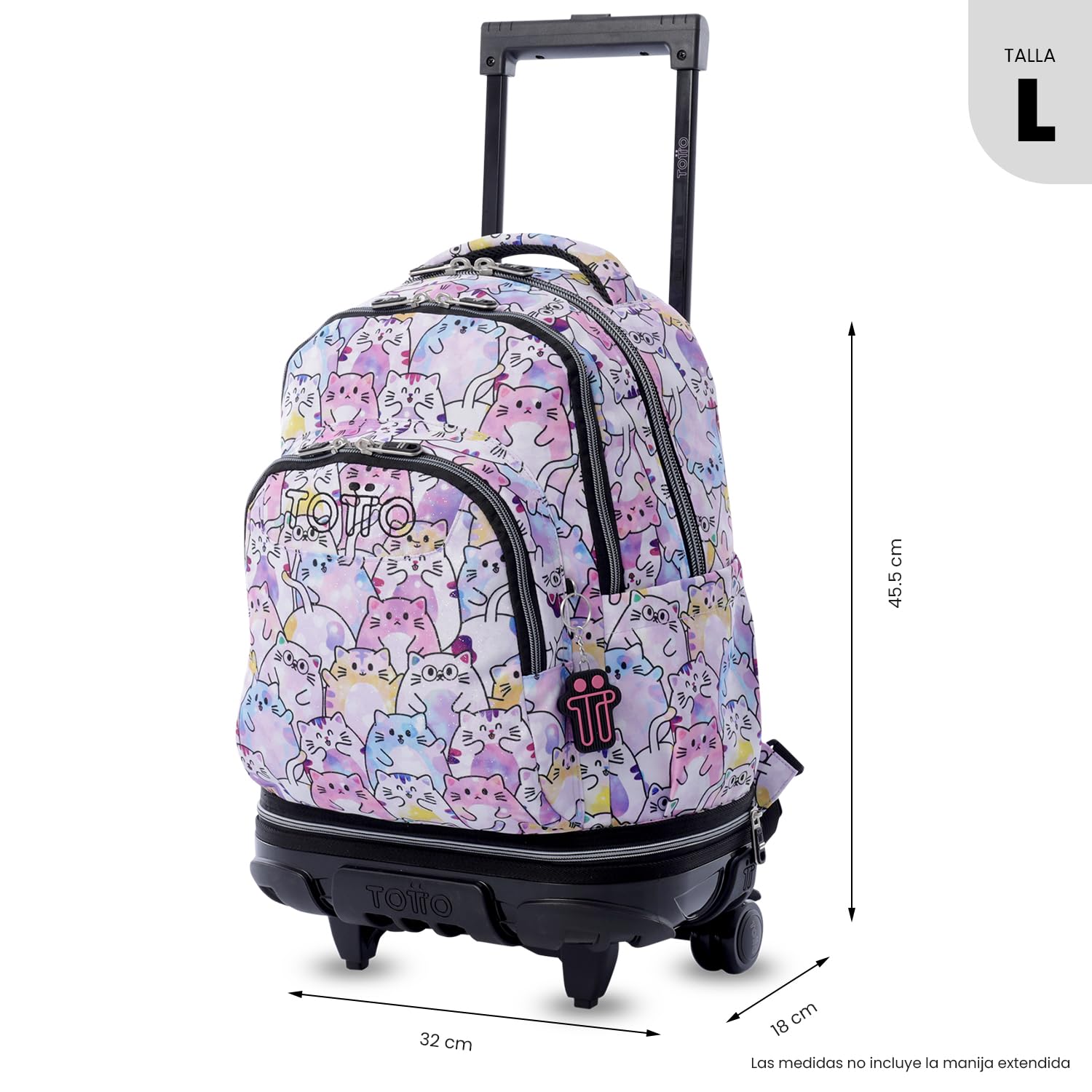 TOTTO - Mochila Escolar con Ruedas Desmontables, Modelo Tiza Glitter, Capacidad 26 L, Mochila PC 15.4", Bolsillo Botella, Manija Telescópica, Espaldar Ergonómico y Correas en S, Estampado Paws Rosa