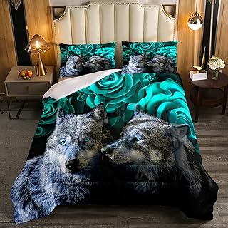 Feelyou Girls Wolf Bedding Set Wolves Rose Wild Animal Comforter for Women Teens Kids Safari Wildlife Floral Comforter Cover 3D Print Duvet Set Teal Bedroom Decor Bedding 3Pcs Queen Size