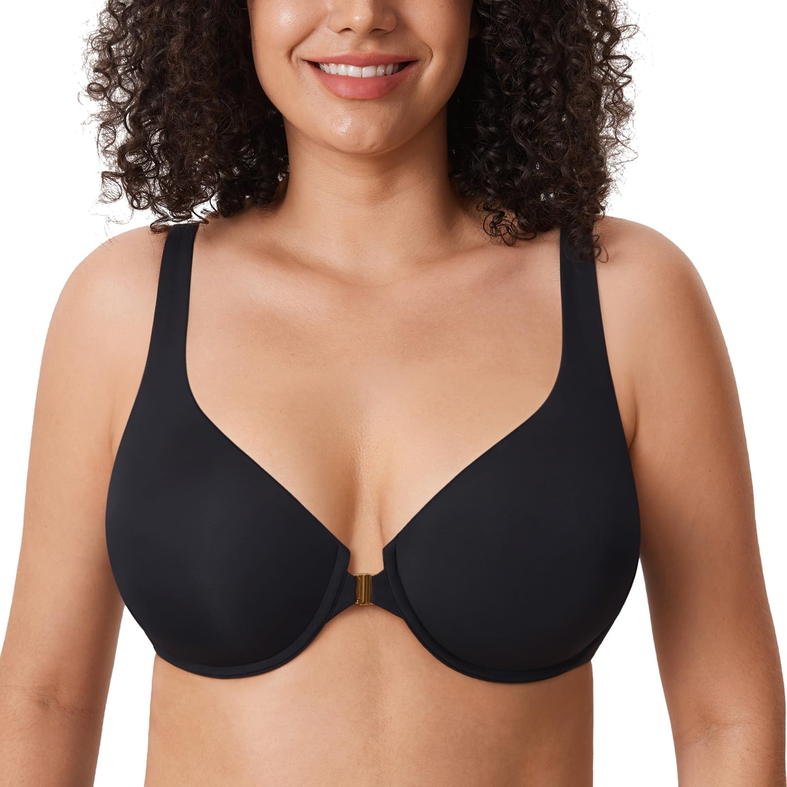 Delimira Women's Confishape Front Fastening Bras Plus Size Underwire Unlined T Shirt Bra Black 44E