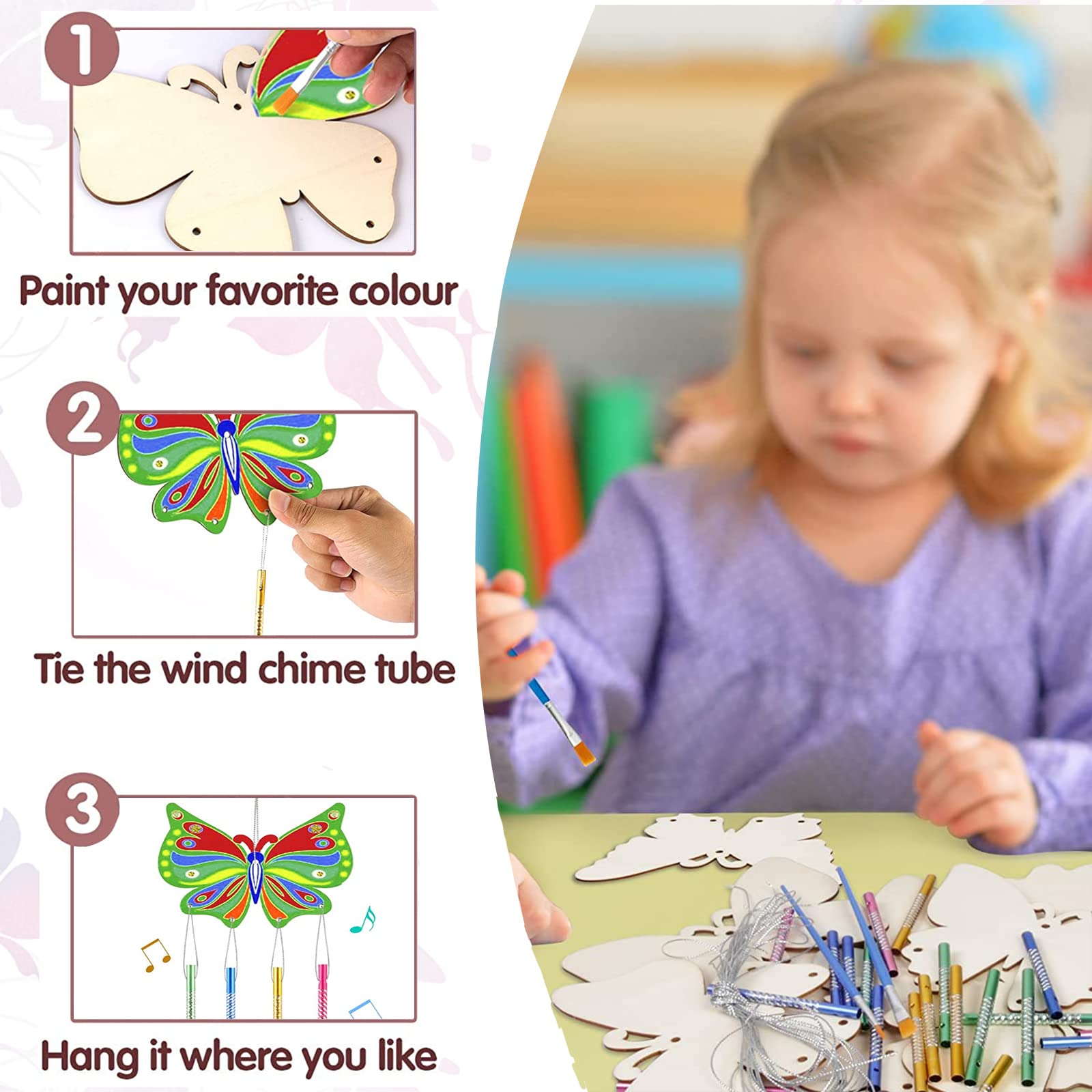 Set Fai Da Te 15 Scacciapensieri In Legno A Forma Di Farfalla - Attività Creativa Per Bambini Con Campanelle E Colori