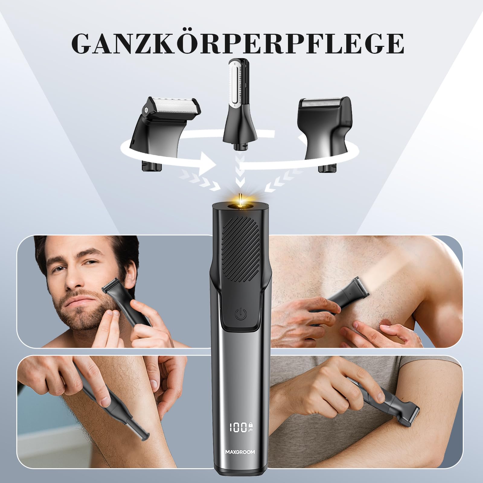 MAXGROOM 3-in-1 Körperrasierer Herren, Wasserdicht Trocken und Nass Intimrasierer Mann, Elektrisch Rasierer Trimmer für Körper und Intimbereich,Body Groomer Men mit Trimmaufsatz (Mehrfarbig)