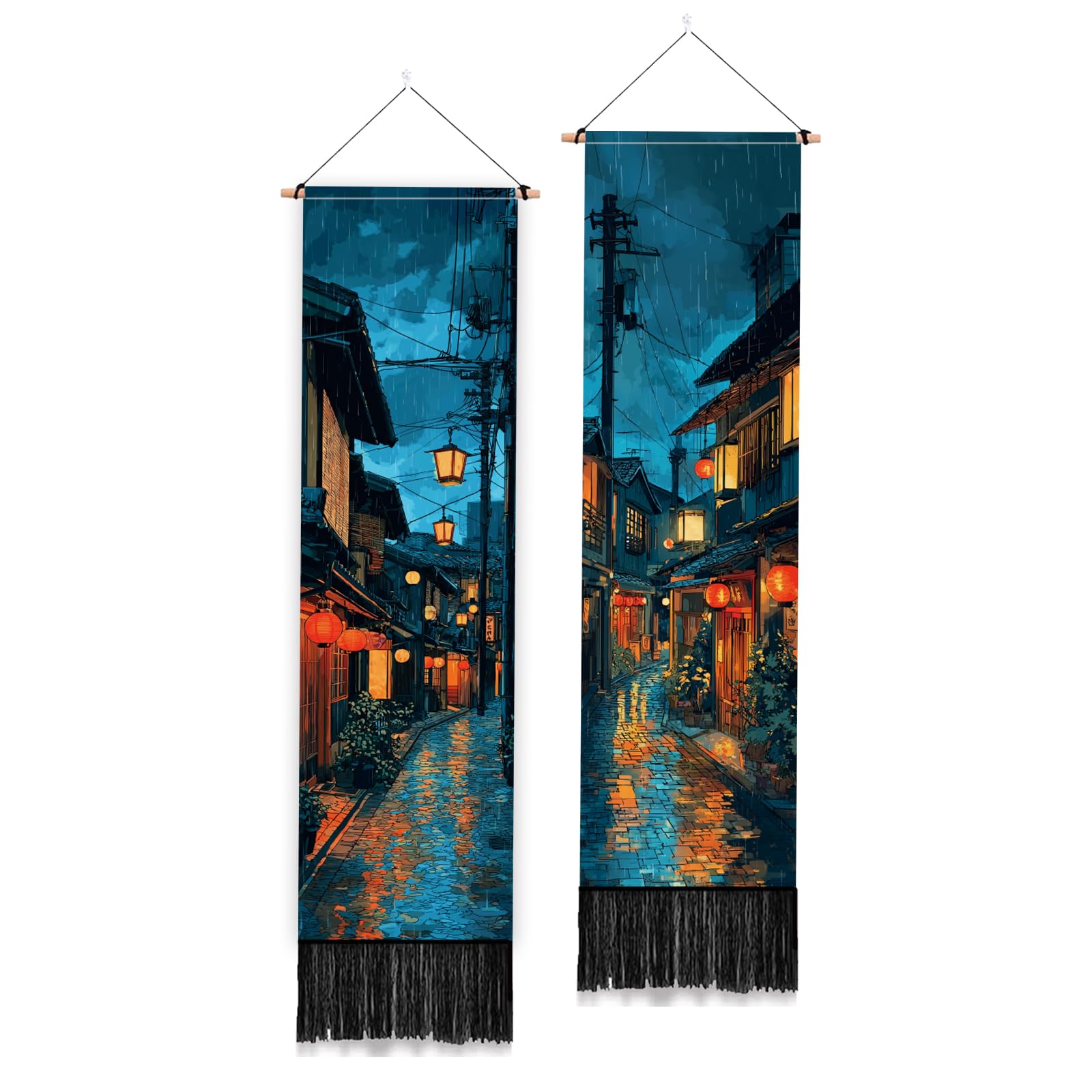 PLIGREAT 2 Pack Japanese Street Vertical Tapestry, Retro Japanese Night Style Long Wall Tapestry Aesthetic Wall Hanging with Tassels for Bedroom Living Room Bathroom Home Art Decor