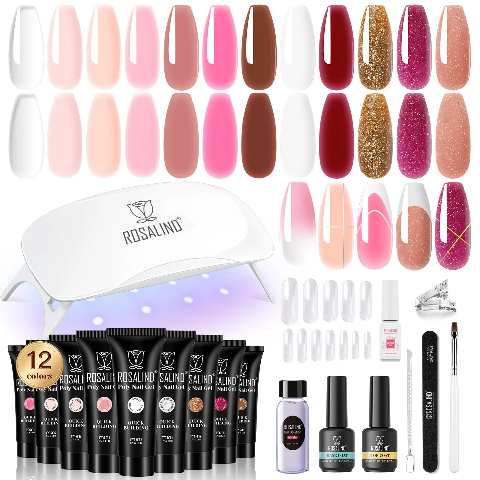 ROSALIND Uñas Poligel Kit Completo, 12pcs 10ml Gel Extensión de Uñas con UV Lámpara, Base&Top Coat, Nail Art Kit Uñas de Gel Completo para Bricolaje en Casa & Profesionales Salón
