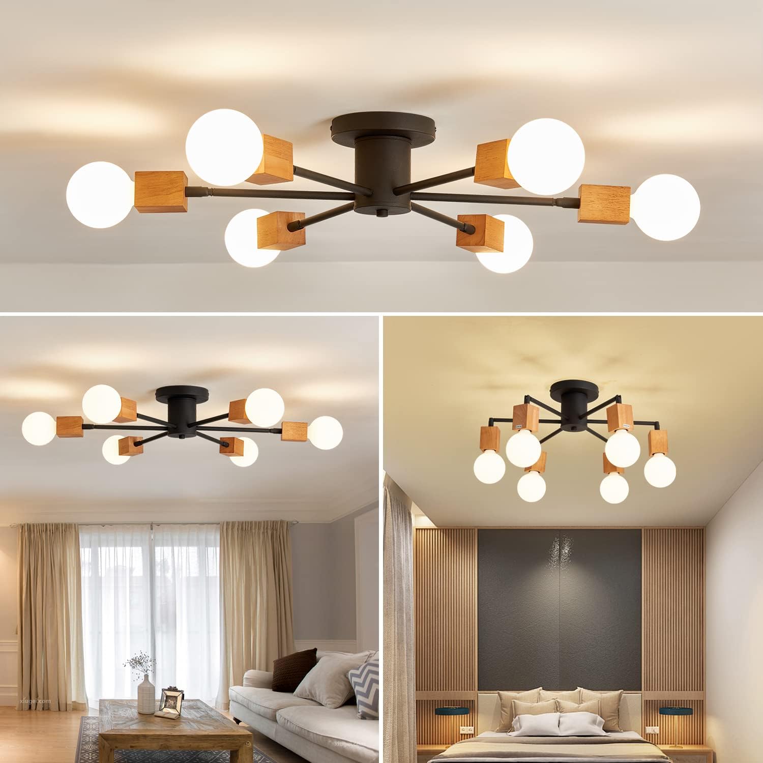 Semi Flush Mount Wood Ceiling Light Fixture 6-Lights Rustic Wooden Sputnik Chandelier Farmhouse Ceiling Lighting Oak and Black with E26 for Dining Room Bedroom Kitchen Lighting Fixture.