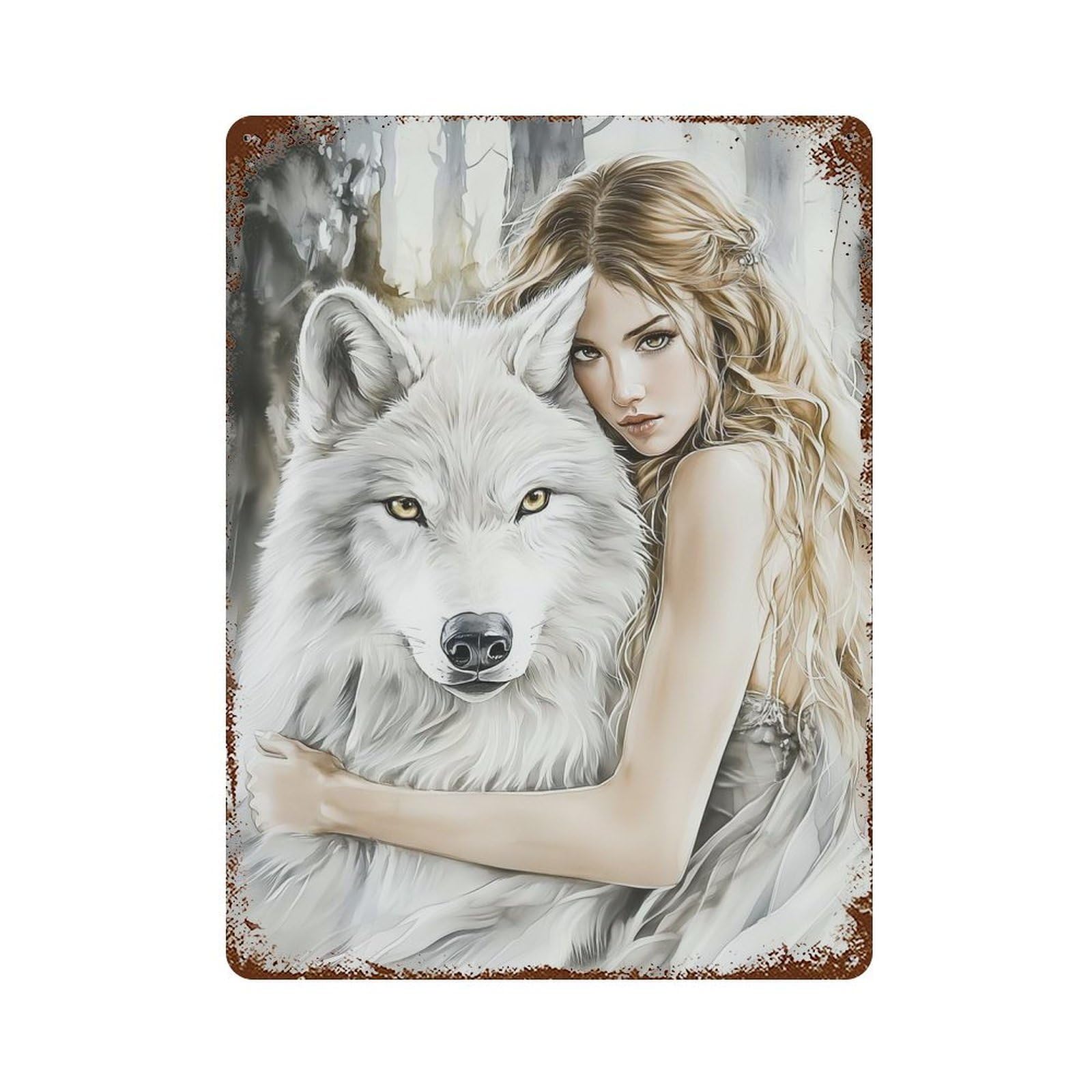 Rust Effect Wolf And Woman in Forest Decorative Tin Sign 15.7"x11.8", Rustic Home Decor for Cafe, Home Bar And Lounge Decor