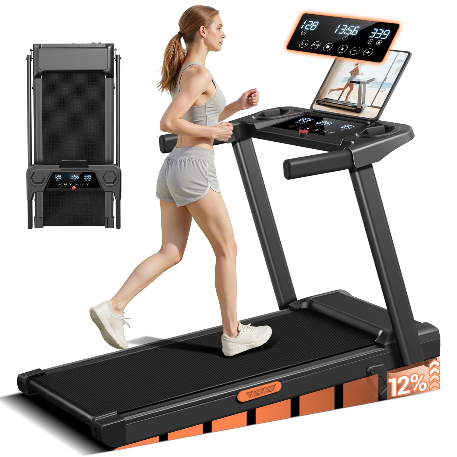 CURSOR FITNESS Treadmill for Home Foldable 14 km/h, Treadmill with Heart Rate Monitor, App and Upgraded Quiet Motor, Treadmill for Home with 12 Training Programmes, Max Load 136 kg