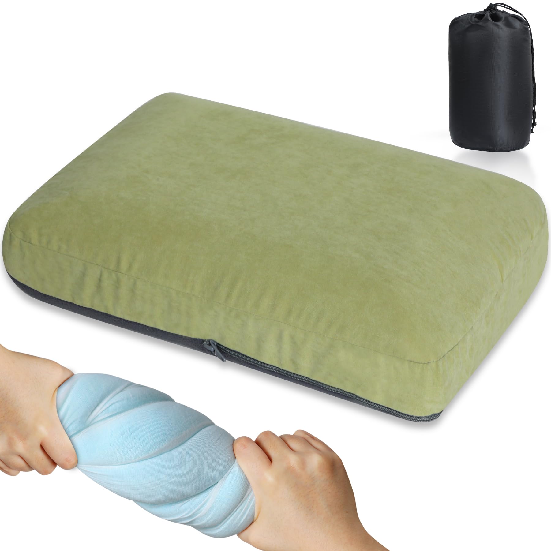REDCAMP Small Memory Foam Camping Pillow, Compact Travel Pillow with Dual-Sided Cover (Cool Peach Skin & Warm Fleece), Supportive Neck & Lumbar Cushion for Camping, Hiking & Outdoor Trips, Green