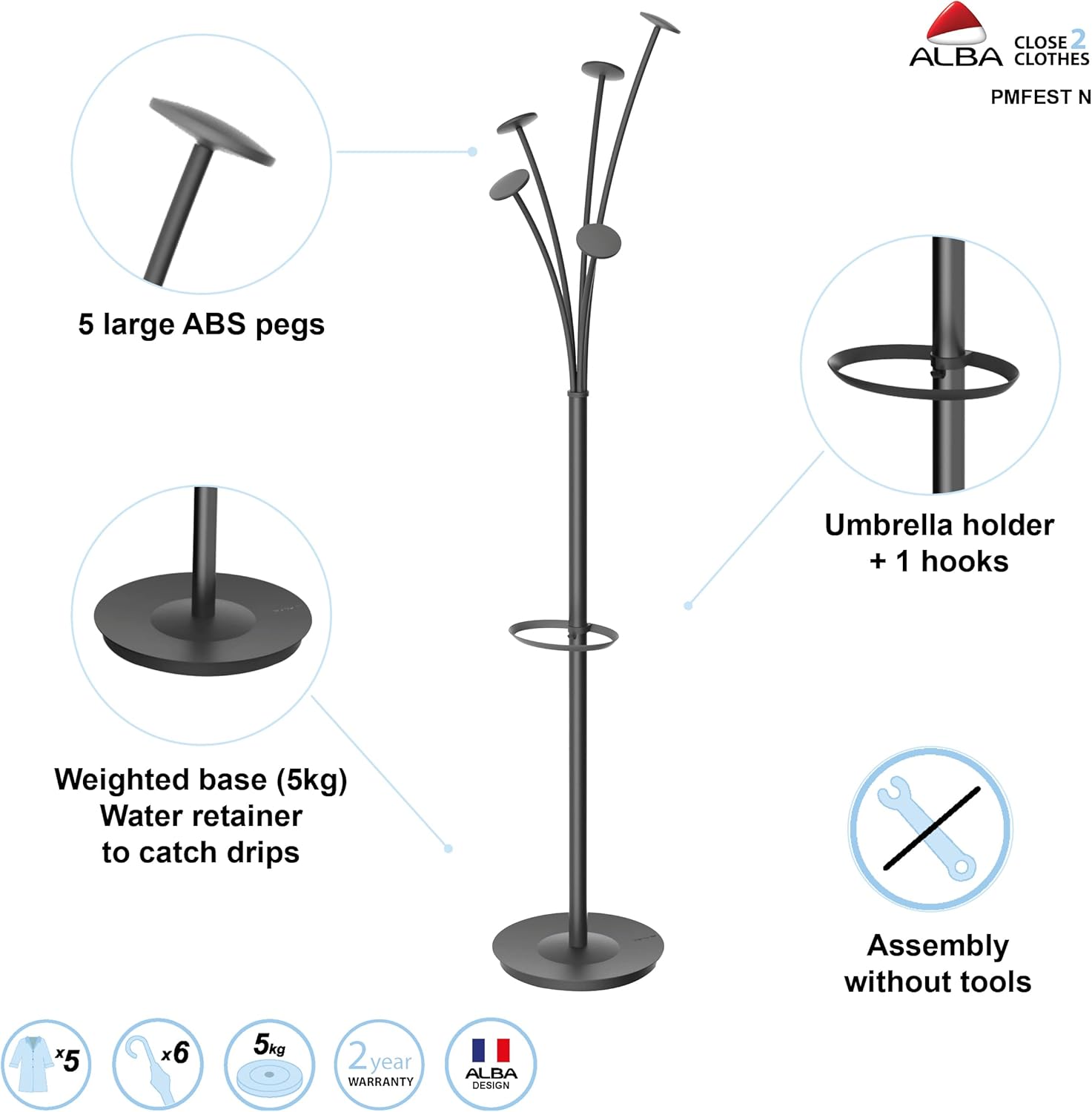 Alba Festival Coat Tree, Five Knobs, Black/Blue