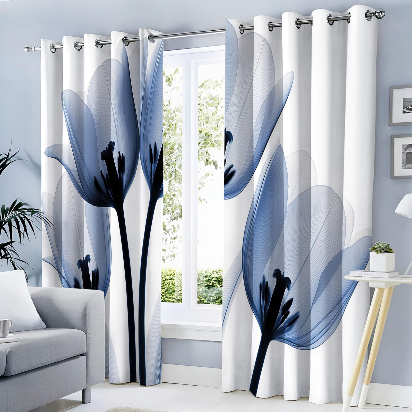 Rideaux Occultant Fleurs Élégantes, Rideau Occultant Tulipe Rideau Thermiques Isolants Anti Froid et Chaleur Bleu Gris Rideaux À Oeillets pour Chambre Cuisine Lot de 2, 117L X 137H cm