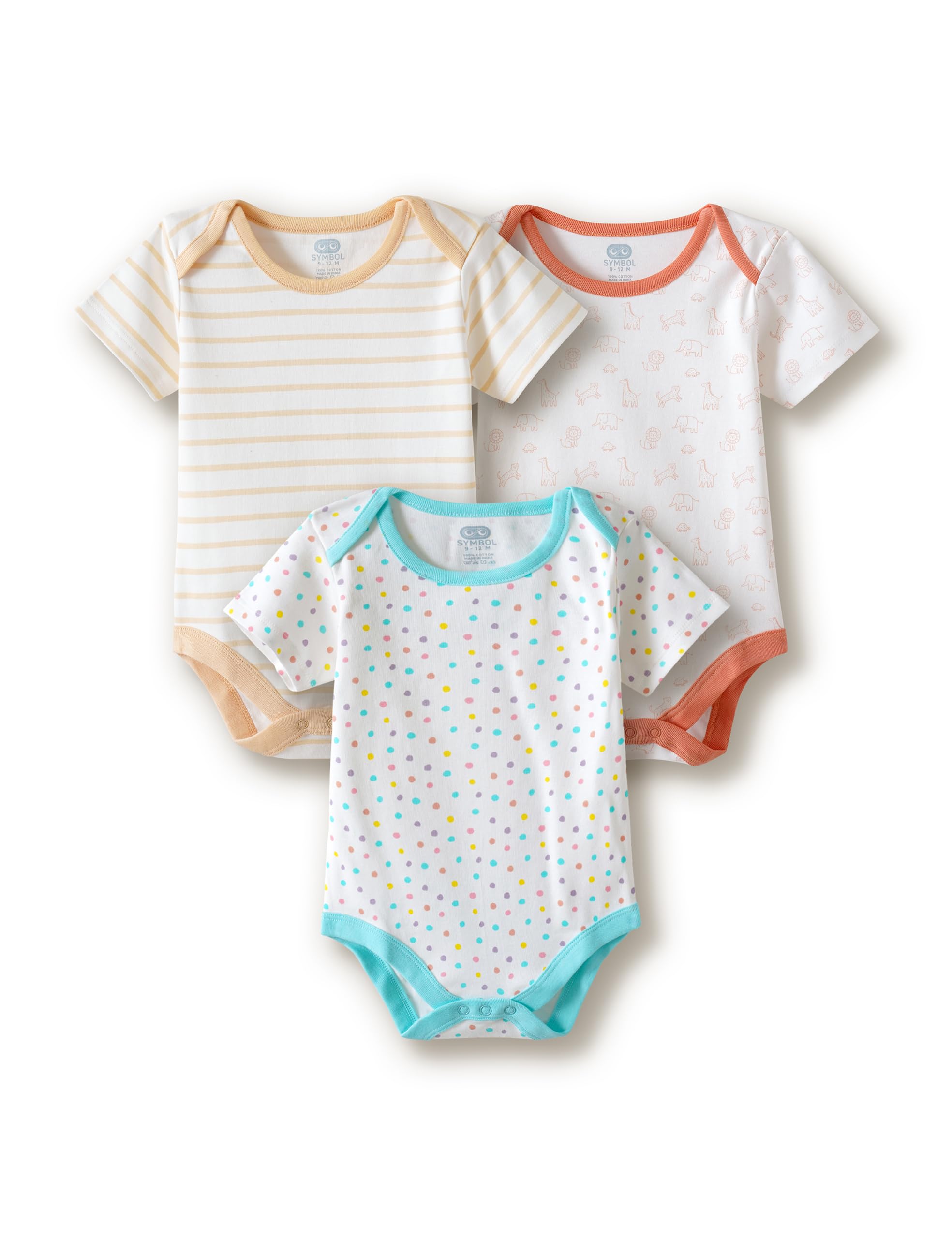 Amazon Brand Symbol Unisex 100% Cotton Half Sleeve Regular Fit Bodysuit (Pack of 3) (SK-BBS-SS26-2001 (0-18 M)_WSWCWP_0-3 M)