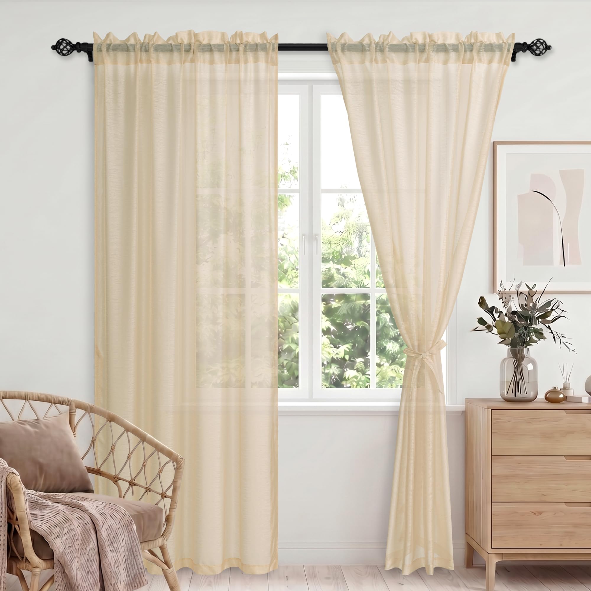 DWCN Light Filtering Net Curtains for Windows 90 inch, Elegant Voile Curtains Lightweight Sheer Panels for Kitchen Cafe, Decorative Beige Semi Transparent Sheer Curtains 56x90 Inch 2 Panels — image 1