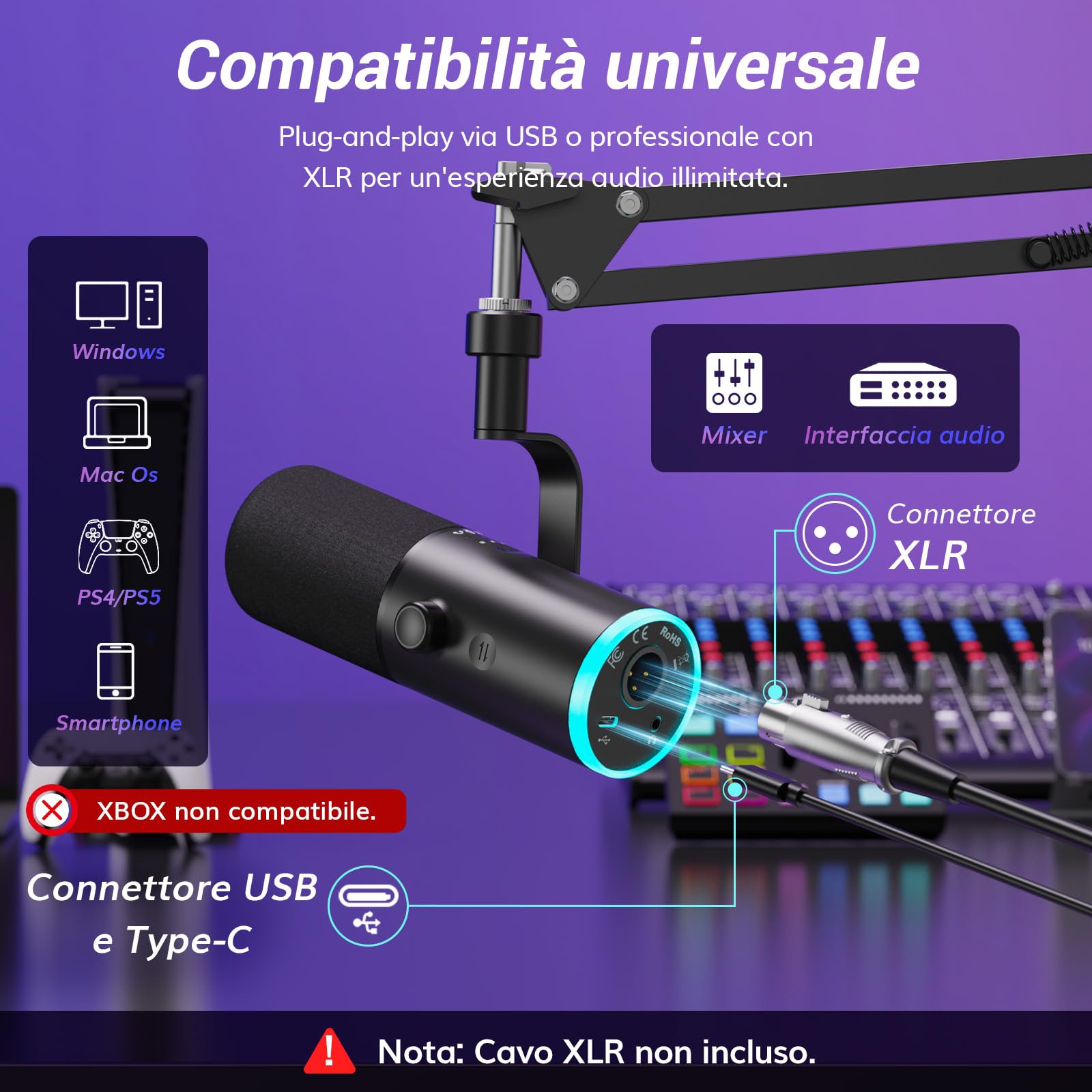 TONOR Microfono Gaming Dinamico per PC, Microfono Cardioide Streaming XLR/USB con Braccio per Podcasting/Studio, Cancellazione Rumore IA, RGB Controllabile, Jack Cuffie 3,5 mm, Nero, TD510 AIR H+