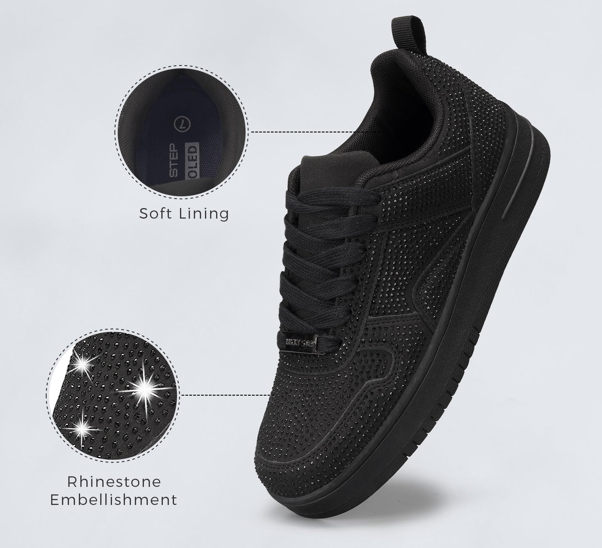 LUCKY STEP Moda damska błyszczące trampki z kryształami górskimi białe skórzane niskie buty tenisowe sznurowane na co dzień wygodne buty do chodzenia