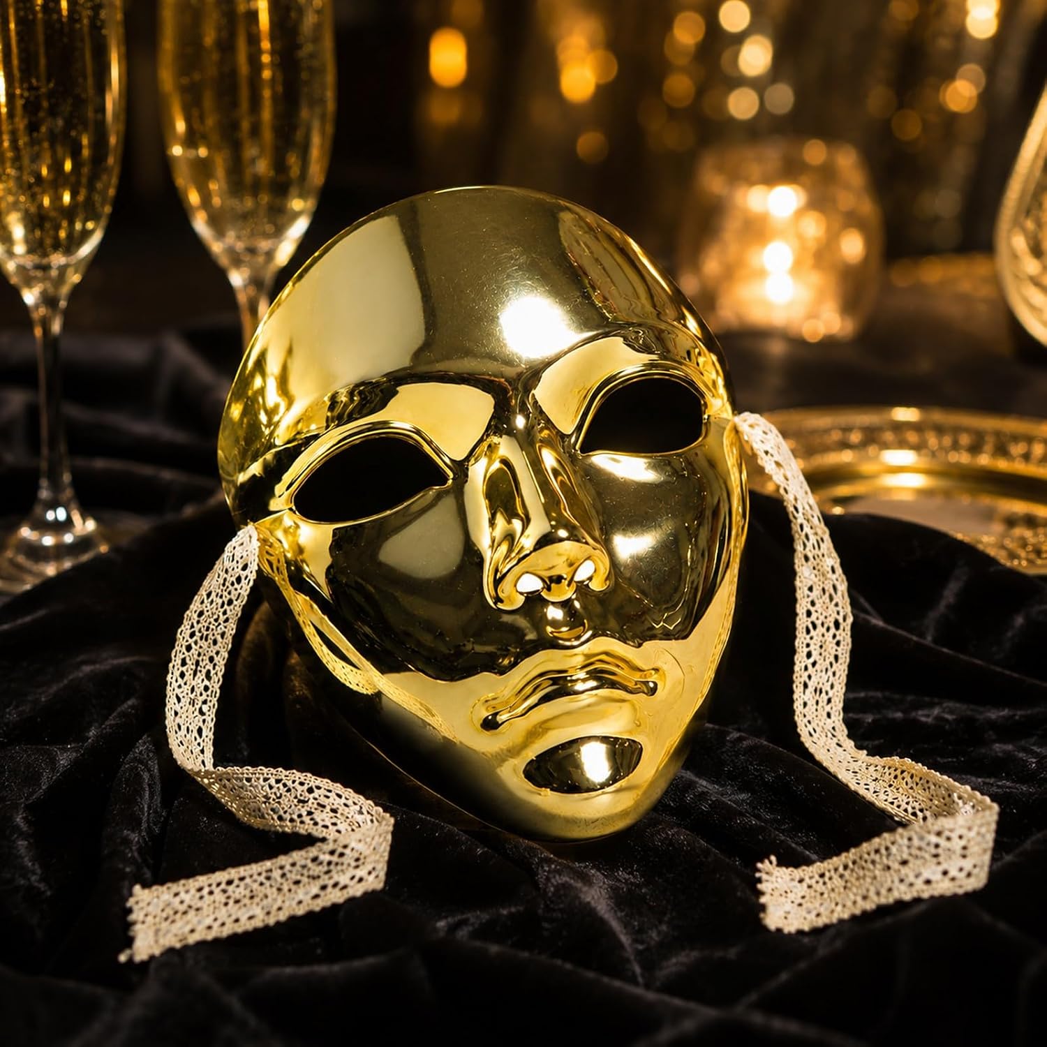 LOGOFUN Vintage Masquerade Mask Full Face Costume Party Prop - Gold | Gold full face mask with ribbon suits masquerade outfits, cosplay photos, holiday parties, stage looks, and wall decor