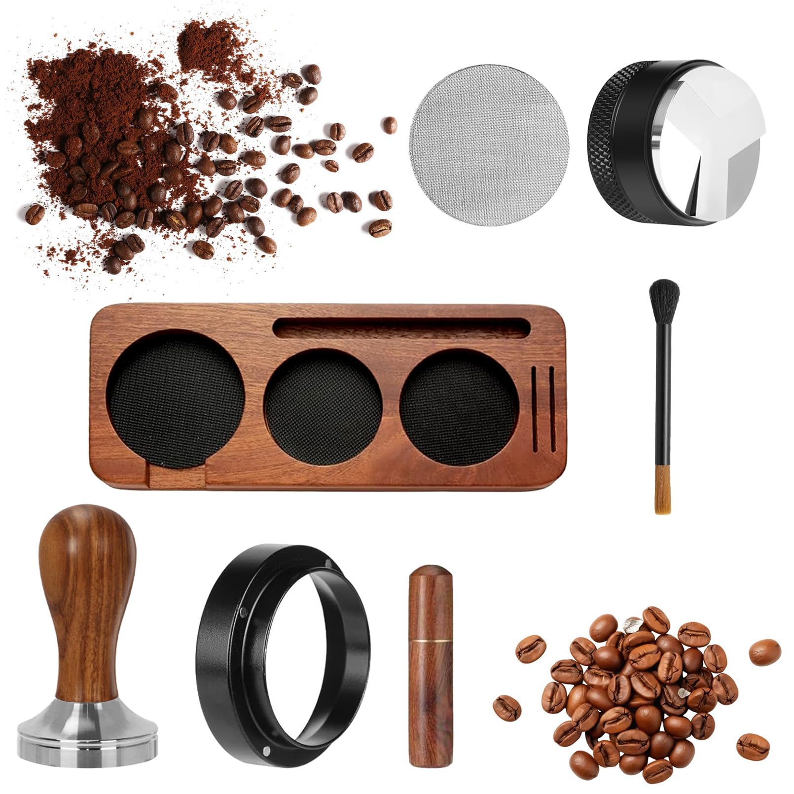 Juego de accesorios para café expreso de 51 mm, juego de 7 piezas – Tamper, distribuidor, anillo dosificador, herramienta WDT, cepillo, pantalla de disco y tamping para portafiltros, juego