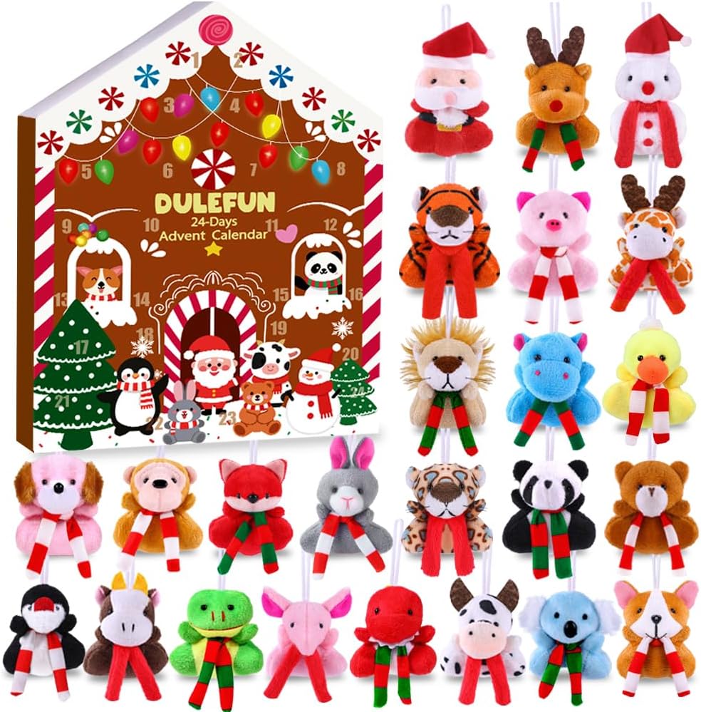 DULEFUN Christmas Advent Calendar 2025 for Kids, Xmas Plush Animal Toys 24 Days Countdown Calendar for Girls Boys Holiday Party Favor Gifts Stocking Stuffer Goodie Bags Fillers Classroom Prizes