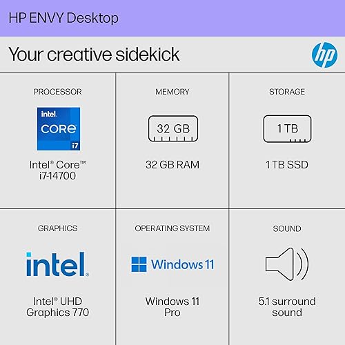Vista 13 de HP Envy PC de sobremesa, Intel Core i7-14700, 32 GB de RAM, SSD de 1 TB, Intel UHD Graphics 770, Windows 11 Pro, TE01-5002 (2024)