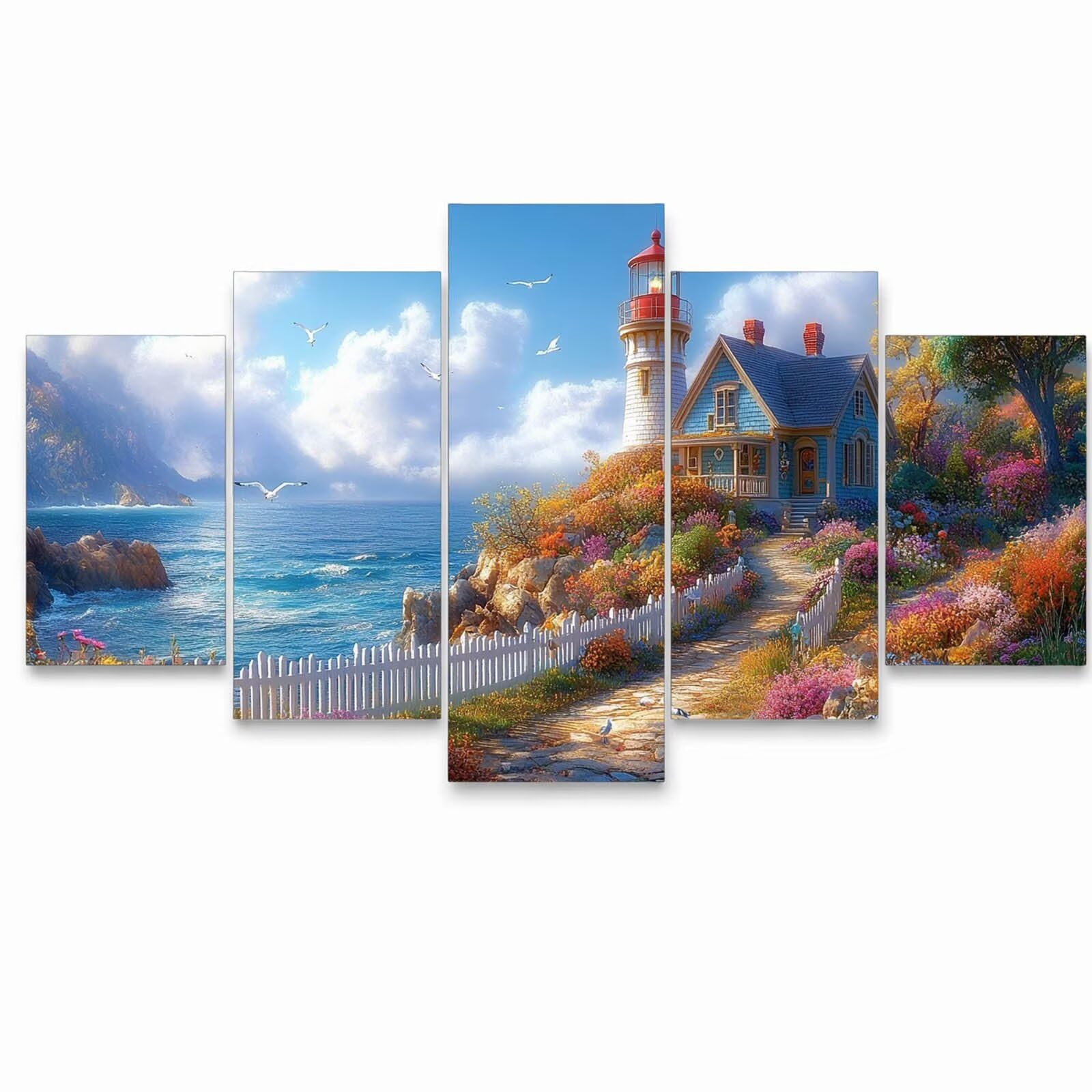 5 Pack Leuchtend Malen Nach Zahlen Erwachsene Lighthouse YCBZ-2191 | DIY Set Erwachsene mit Pinselset Acrylfarben Set Fünf Leinwand zum Bemalen Garten für Deko Wohnzimmer Geschenke für Frauen
