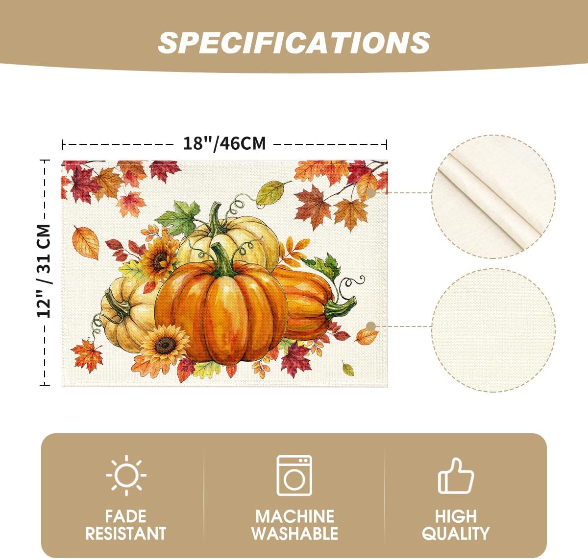 Artoid Mode Pumpkins Maple Leaves Fall Placemats Set of 6, 12x18 Inch Seasonal Autumn Thanksgiving Table Mats for Party Kitchen Dining Decoration | Heat-Resistant Table Mats, Washable Seasonal Autumn Sunflowers Kitchen Dining Decor