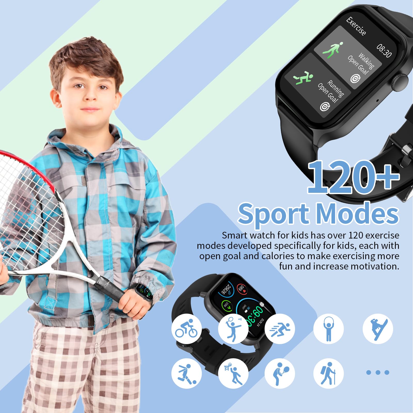 JUBUNRER Smartwatch voor kinderen, hartslagmeter, slaapmonitor