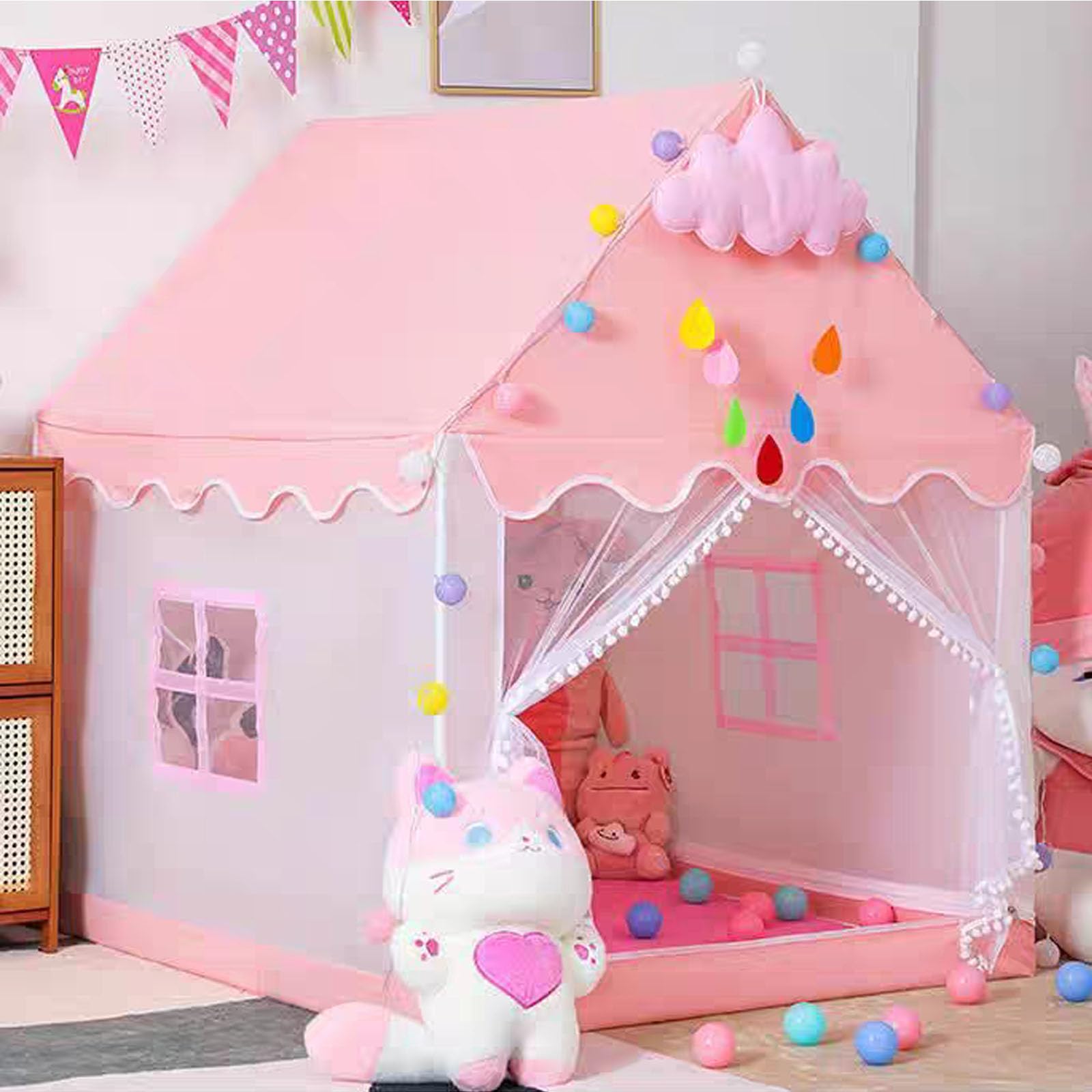 Kid Play Tent with Lights, Flags & Clouds, Kids Tent indoor | Bed Tent Princess House, Large Kids Hous Indoor & Outdoor, Princess Ten for Girls Toy House Birthday Gift-Pink (47 * 40 * 51)