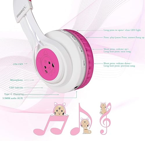 Miniatura 5 de Riwbox CT-7 - Auriculares Bluetooth con luz LED, Bluetooth inalámbricos con micrófono y control de volumen para viajes, escuela, smartphones,