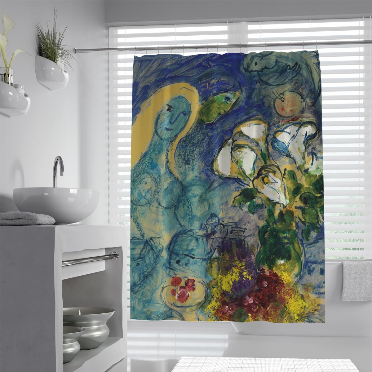 Abstrakte surrealistische Blumenkunst Duschvorhang Traumblaue Calla-Lilien Strauß-Vasenmalerei Badezimmerdekoration Duschvorhang mit Haken 200 x 240 cm