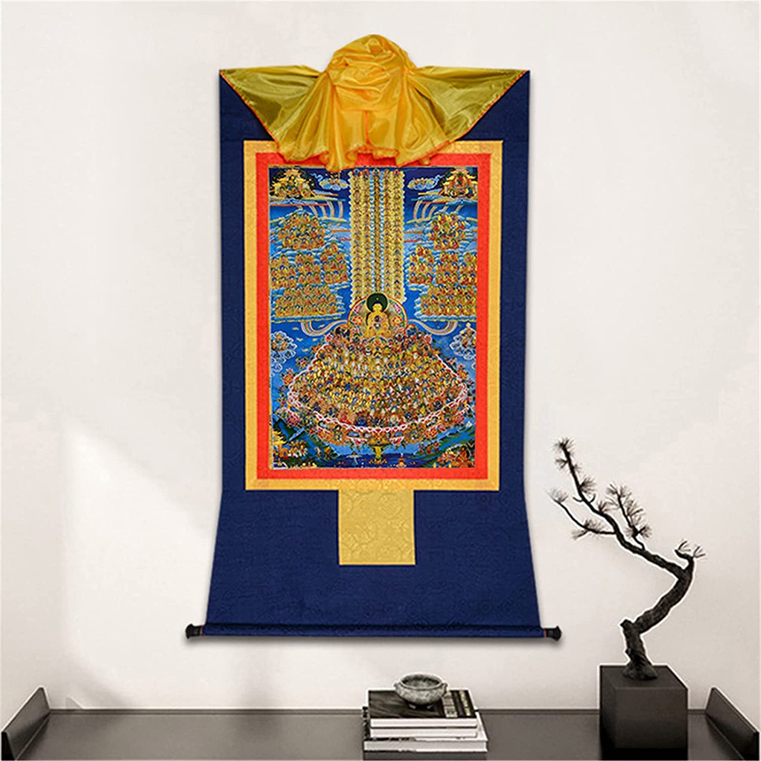 Gobelin Thangka, buddyjska statua malarstwa Buddy, gobelin Buddy ze zwojem, Shakyamuni na drzewie schronienia, nawrócenie Buddy Gautamy, tybetańska statua Buddy Malarstwa Sztuki, Gobelin Buddy Biały