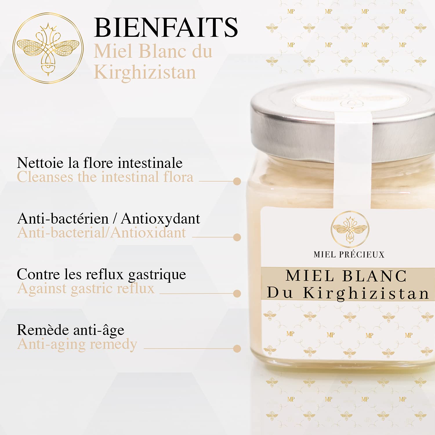 Miel Blanca de Kirguistán | Miel Cremosa Untable de Esparceta | No Pasteurizada 100% Pura | Color Marfil | Tarro Cristal 250g | Miel Précieux