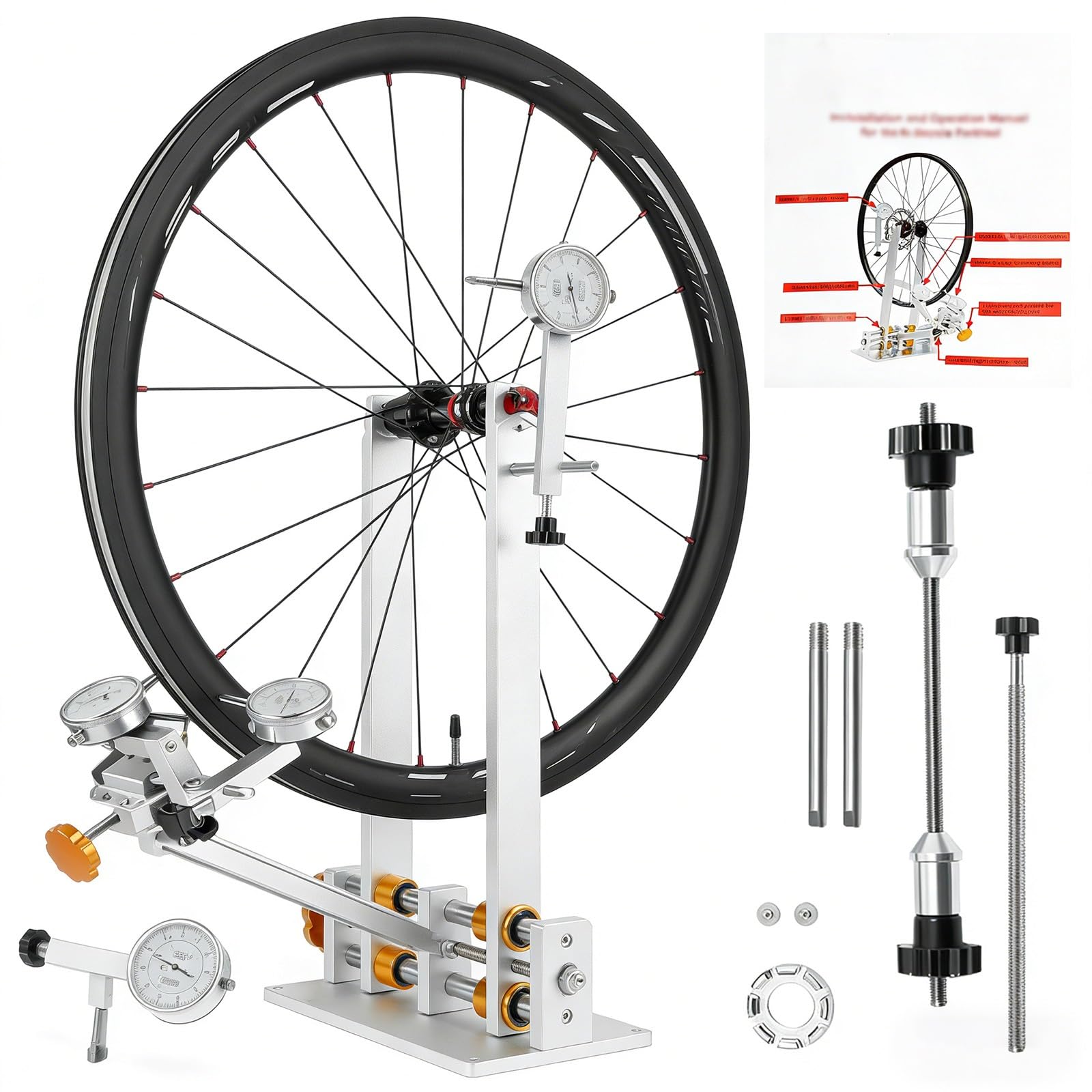 Stojak do centrowania obręczy, Stojak do centrowania kół rowerowych, regulowana szerokość piasty 55-200 mm, klucz szprychowy uniwersalny do niple 10-15G, przenośny, do MTB i szosowych(Gold)